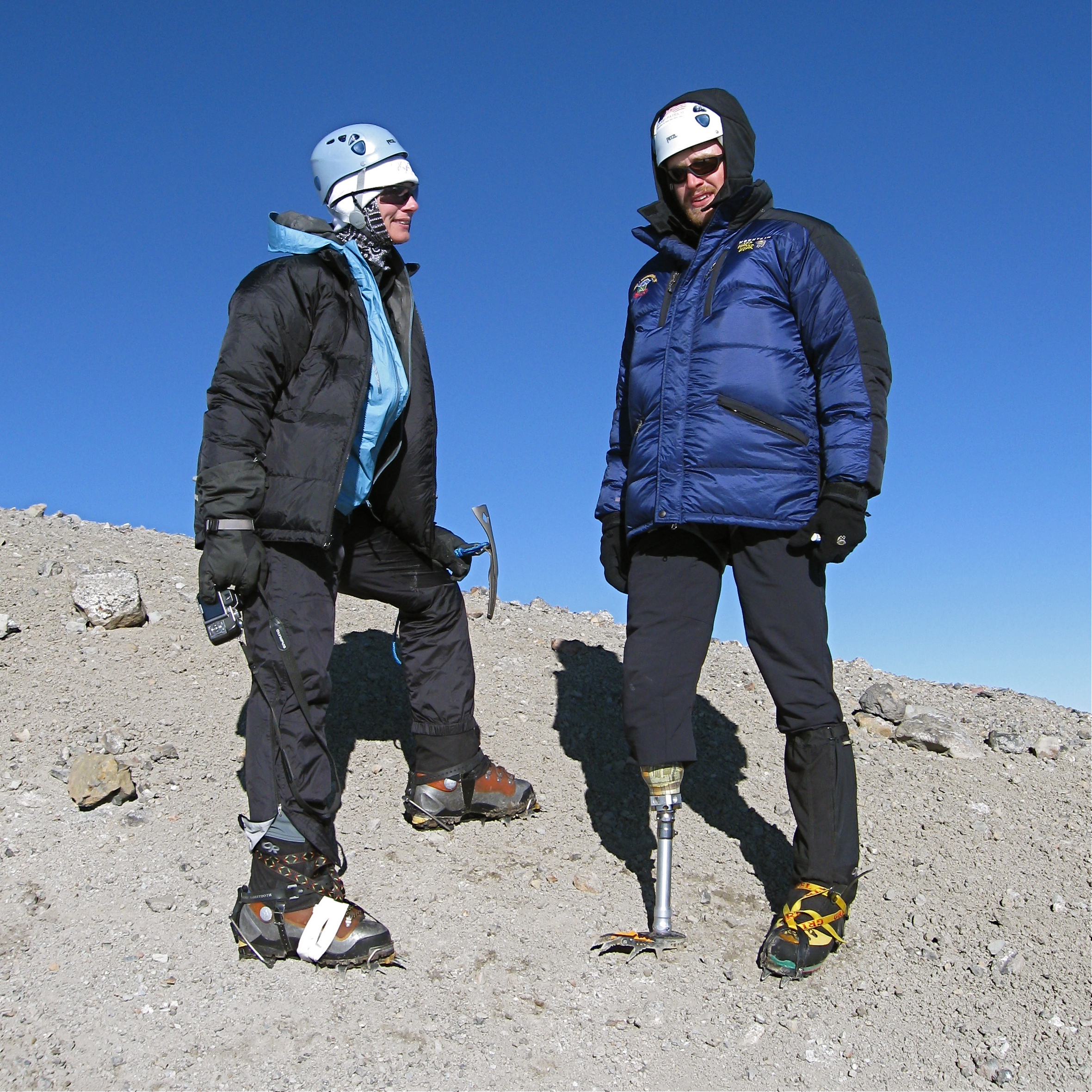 Denise with Iraq war veteran Chad Dukes. Mt.Rainier summit 2008. 