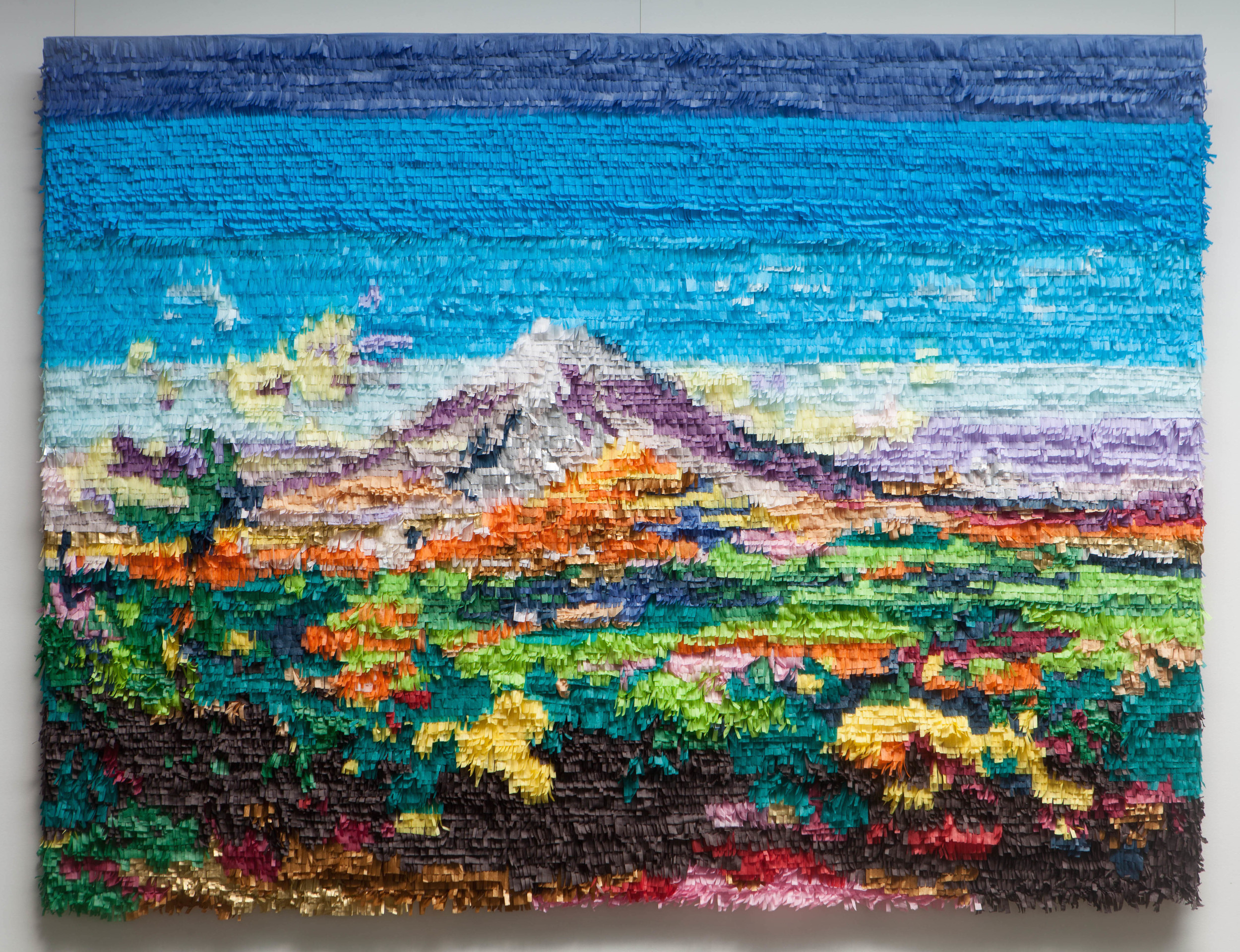 Popocatepetl e Iztaccihuatl vistos desde Atlixco, after Jose Maria Velasco. 2016. Paper and glue. 64"x 82" Photo: Mikayla Whitmore