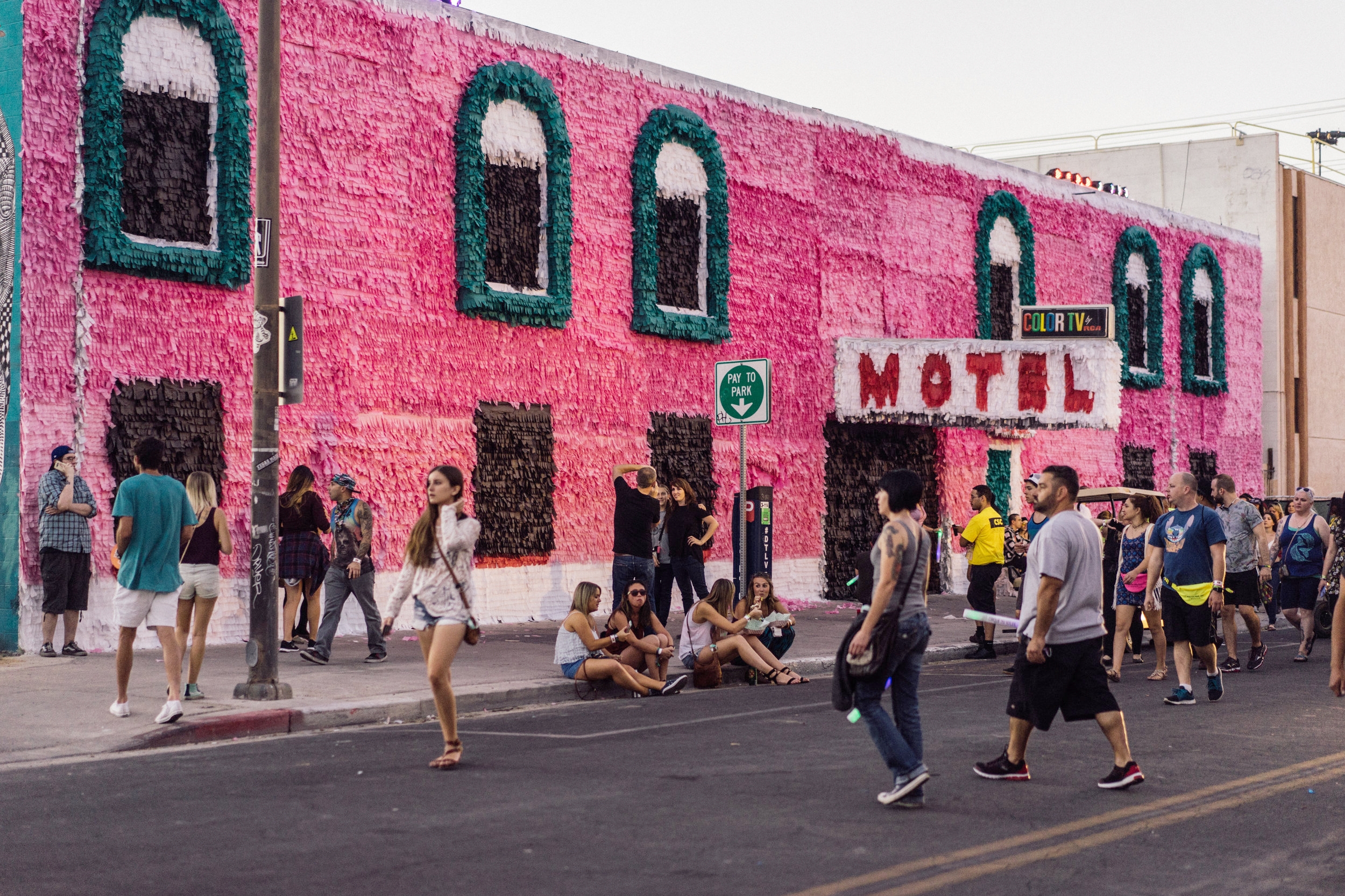 Piñata Motel . 2016. Paper and glue on existing motel. Photo: Krystal Ramirez