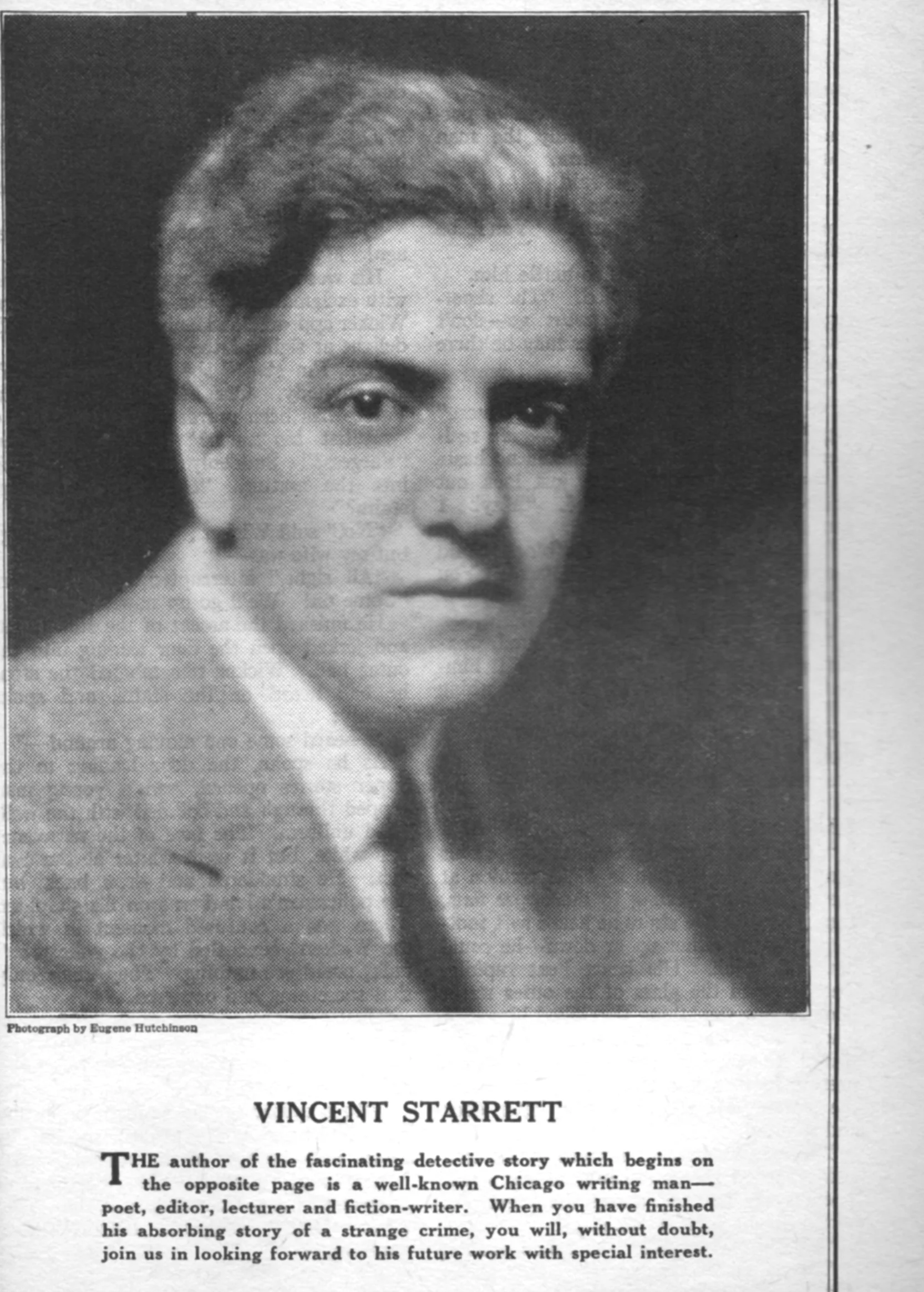 From the January 1926 issue of The Blue Book Magazine, a pulp that ran Starrett's short story "The Zulu Assegai." The photo was taken by Eugene Hutchinson, who also shot the profile image of Starrett that was used for Oppenheim's clothing catalog and is shown on this page. The image quality is not great, but the pulp is printed on very poor paper.