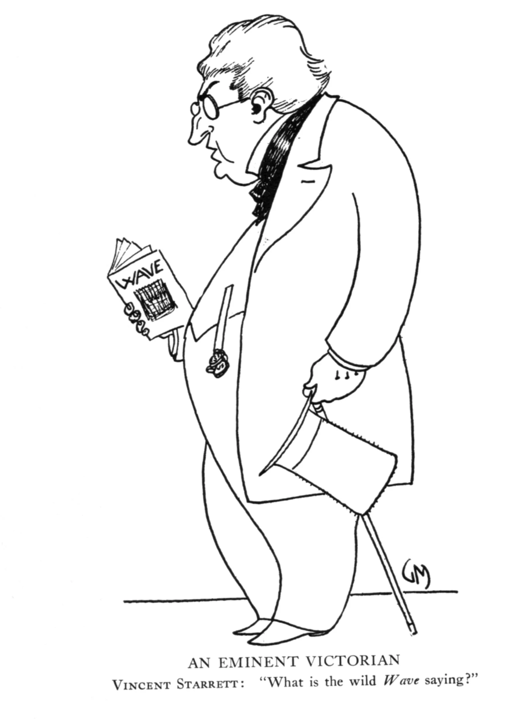 From Literary Lights: A Book of Caricatures by Gene Markey. Starrett is shown carrying a copy of The Wave, a little literary magazine that he edited and which had a spotty publishing history.