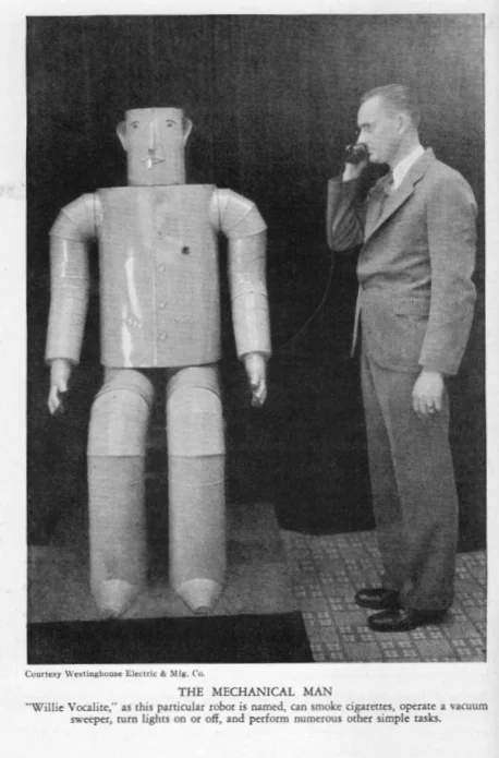 "The Mechanical Man" was also known as 'Willie Vocalite.' He can 'smoke cigarettes, operate a vacuum sweeper, turn lights on or off and perform numerous other simple tasks.' Willie was an invention of the Westinghouse company and more about him is available at the cyberneticzoo website. He is also one of the "amazing" and "marvelous" items featured in the volume Starrett edited.
