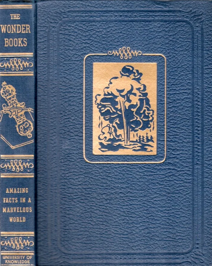 What is that illustration stamped on the cover? An atomic bomb mushroom, perhaps? This book was printed four years before the atomic bomb was dropped on Hiroshima and Nagasaki. Perhaps in 1941 it was possible to see the bomb as part of a "marvelous world."