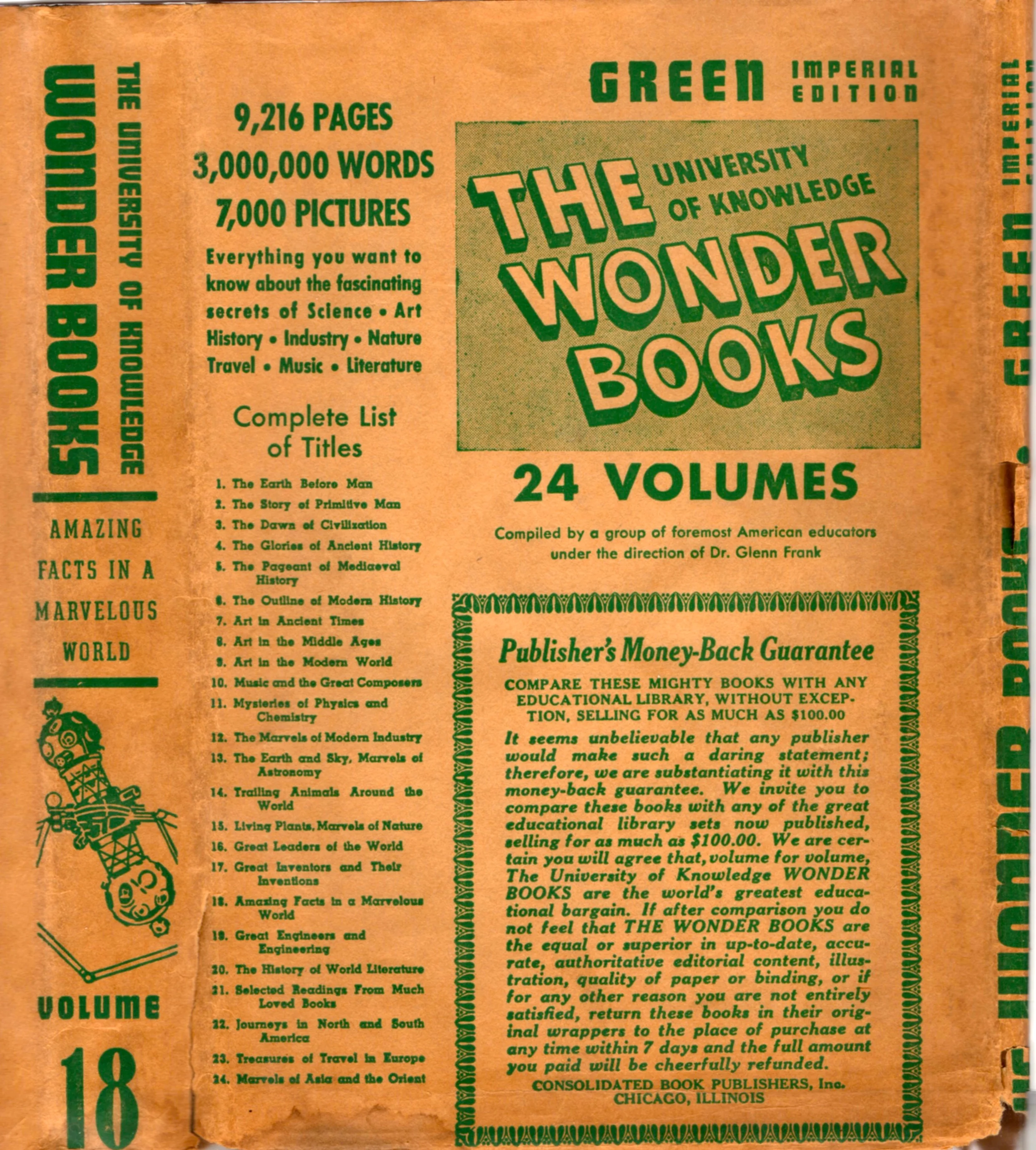 Dust Jacket to Volume 18 of the "Green Imperial Edition." Starrett edited A Modern Book of Wonders: Amazing Facts in a Remarkable World . Don't you just love the breathless way in which the dj has become a billboard for the series? And who would not want to own the "Green Imperial Edition"? Sounds pretty darned fancy to me.