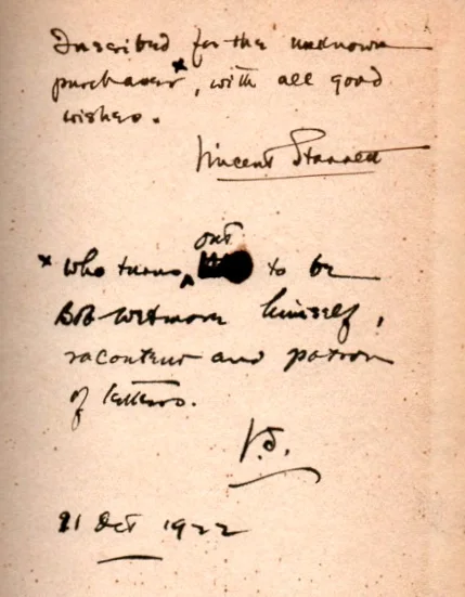 The inscription from a rare copy of Starrett's little biography of Ambrose Bierce.