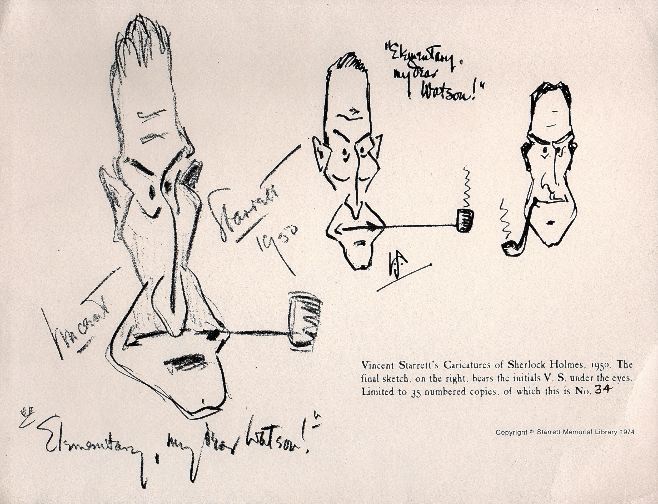 Shortly after Starrett's death, his friend Michael Murphy published several little items in limited editions. Here is a page, printed on card stock, showing several iterations of the 'Starrett Sherlock.' Starrett's initials are most obviously present in the image on the right.