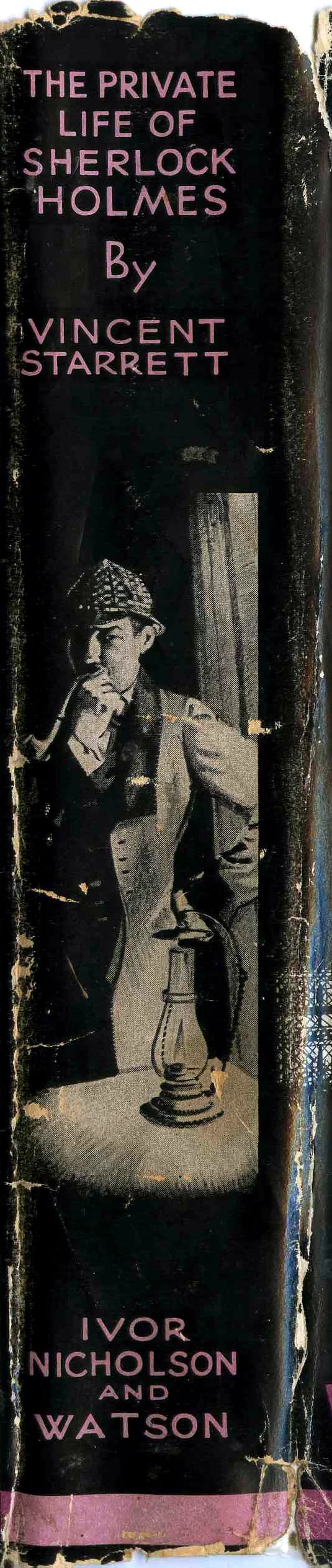 The spine of the British edition's dust jacket, with its image of a contemplative Holmes.