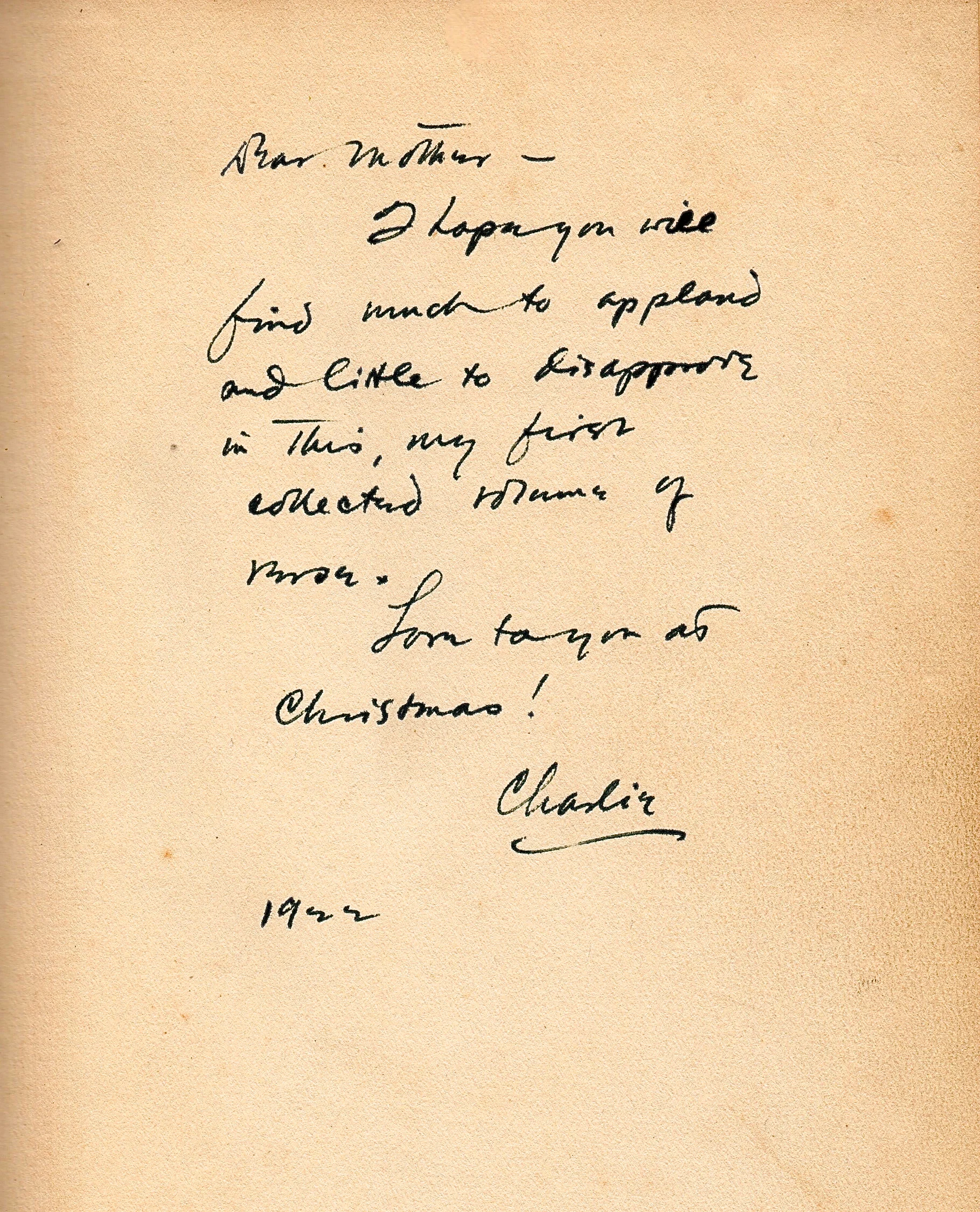 The rare inscription from Vincent Starrett to his mother. Note that in his family, he was known as Charles or Charlie, while most of his professional acquaintances called him Vincent.