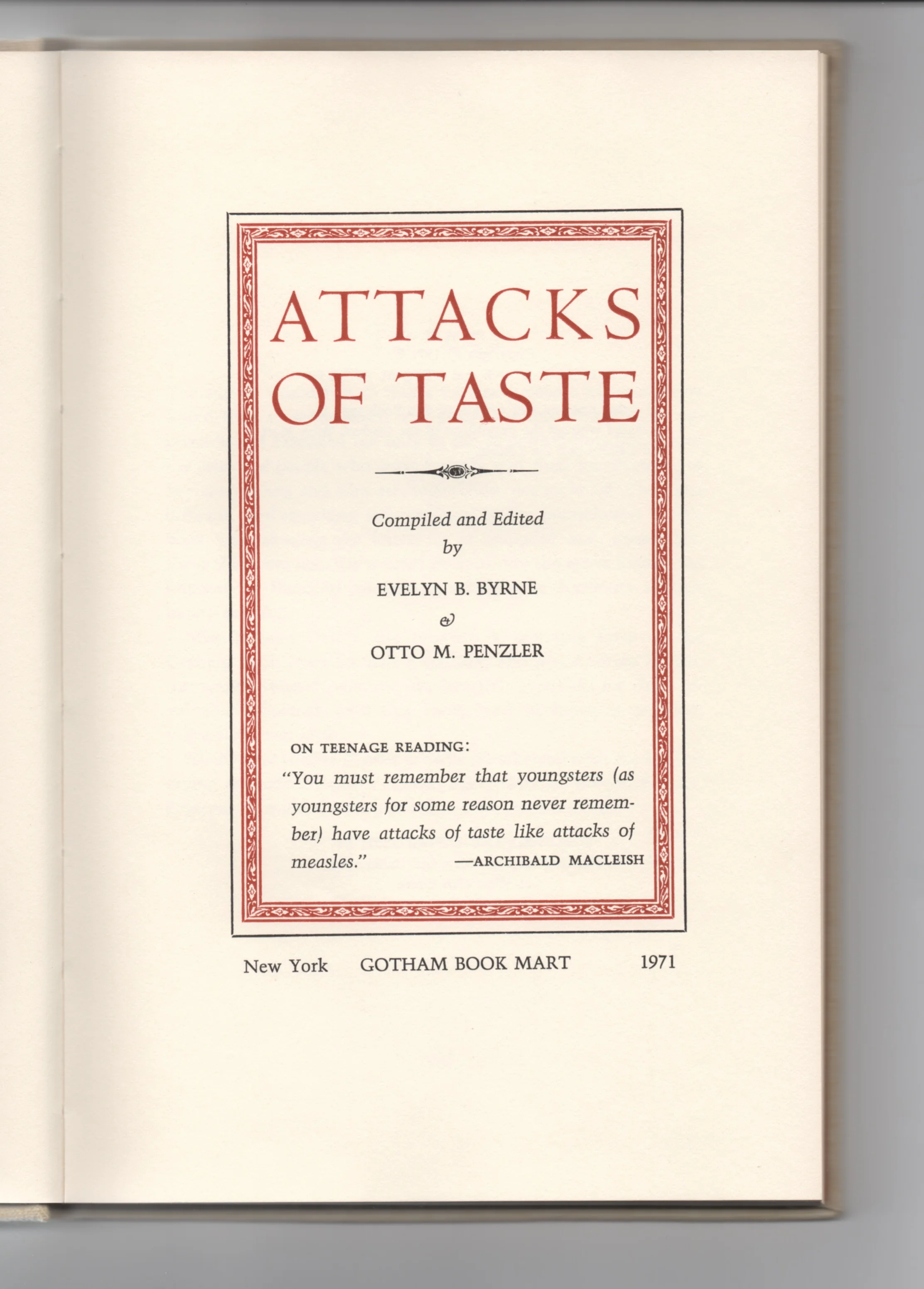Title page to Attacks of Taste