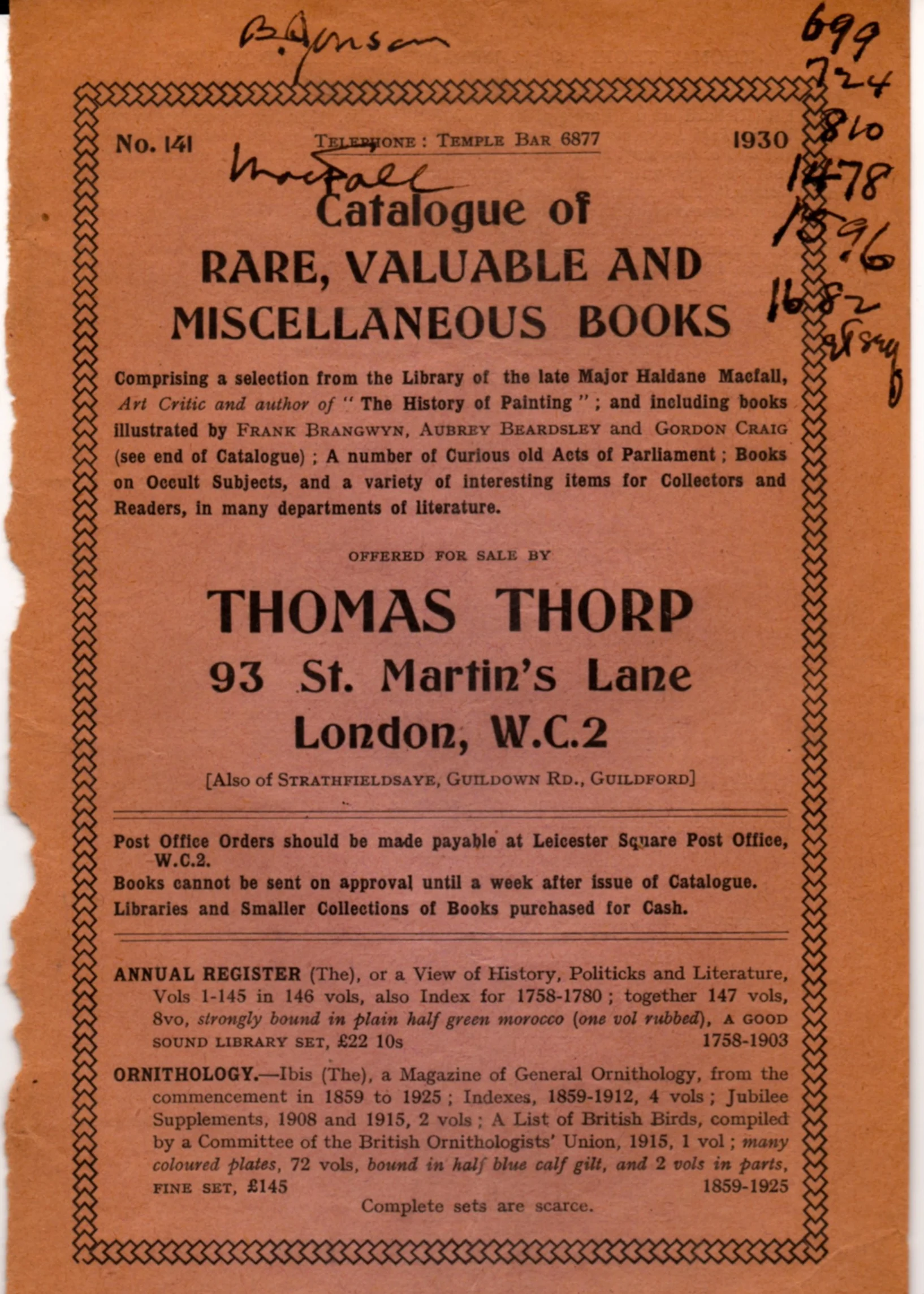 A catalogue with notes by Starrett. See the first item below in The More You Know. You really should click on the image to make it readable.