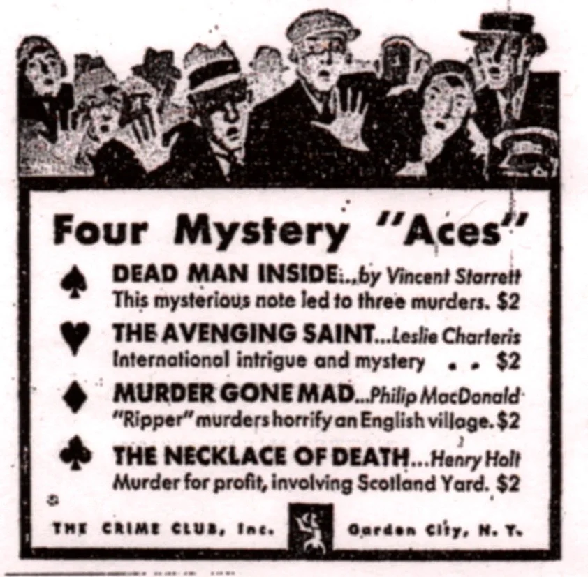 A newspaper ad for The Crime Club, featuring Dead Man Inside .