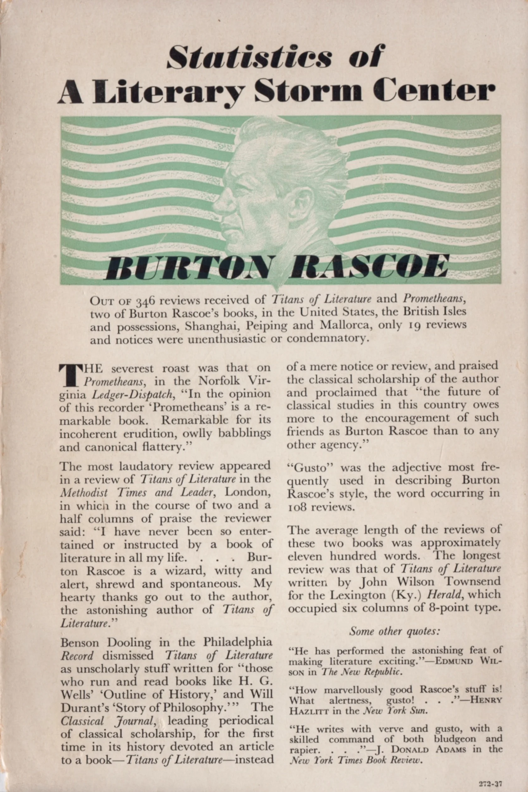The rear dust jacket from Before I Forget . Finding a photo of Rascoe that isn't under copyright was difficult. This was the only image I could unearth.