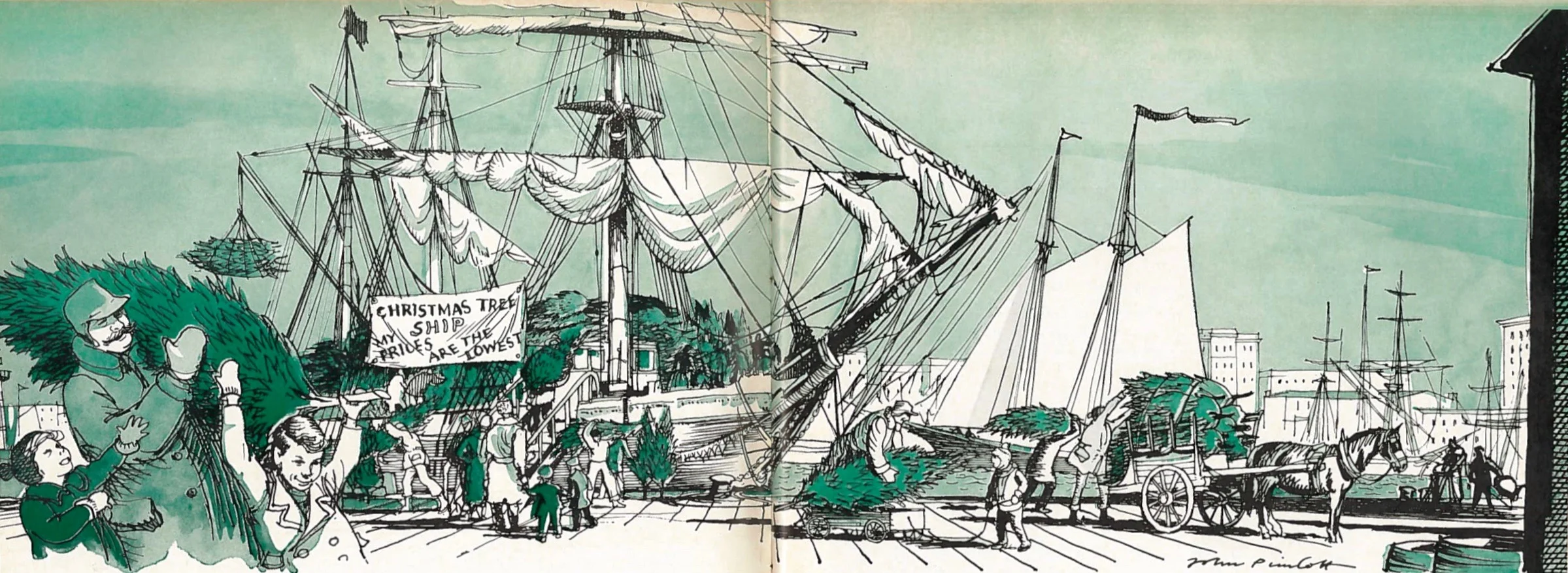 The two-page illustration for Vincent Starrett's piece "Christmas Remembrances" from Gourmet magazine for December 1966, Click on the image and you should get a bigger version with some nice details.