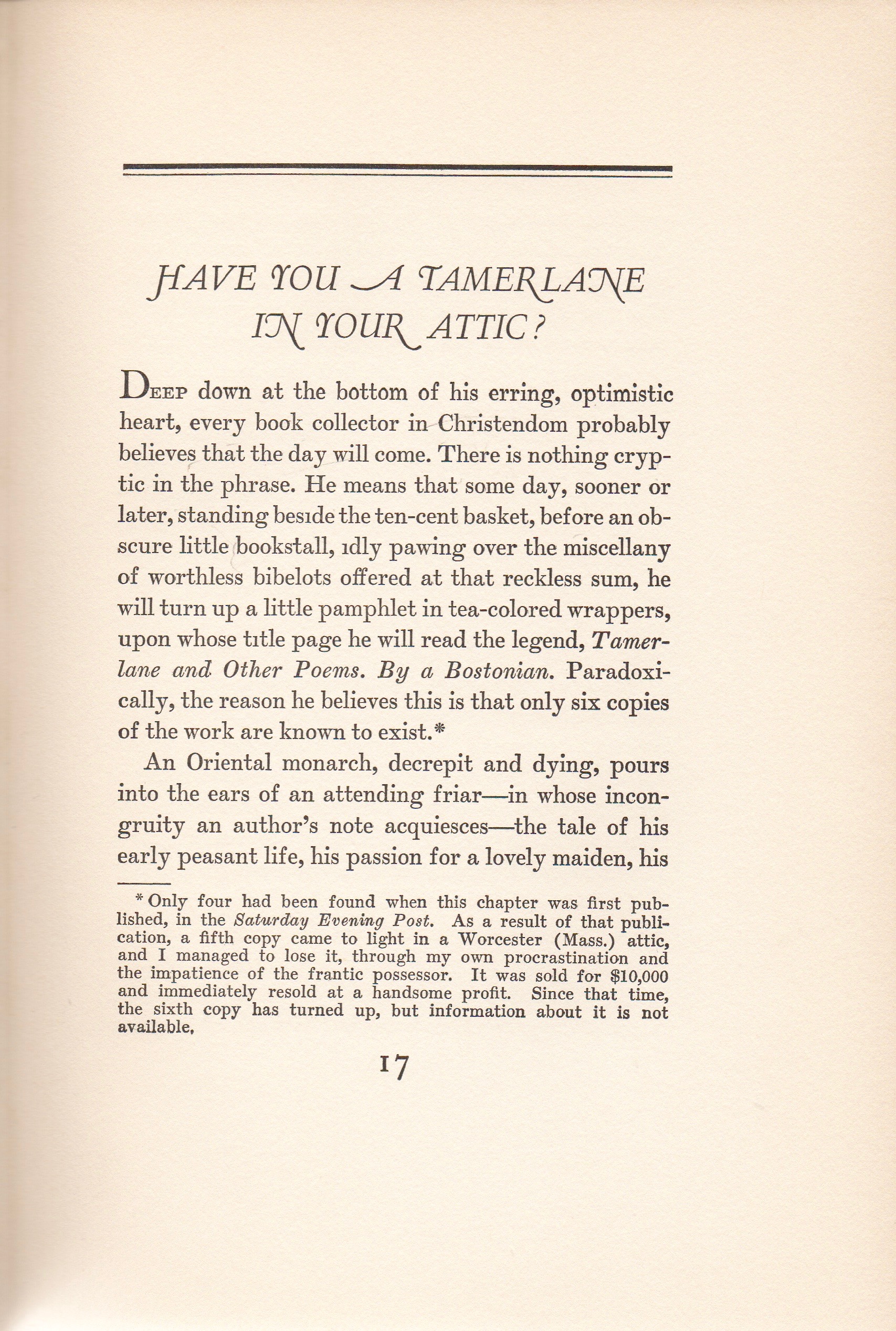 This is a reprint of the Saturday Evening Post article. Starrett included it in his bookish anthology, Persons from Porlock .