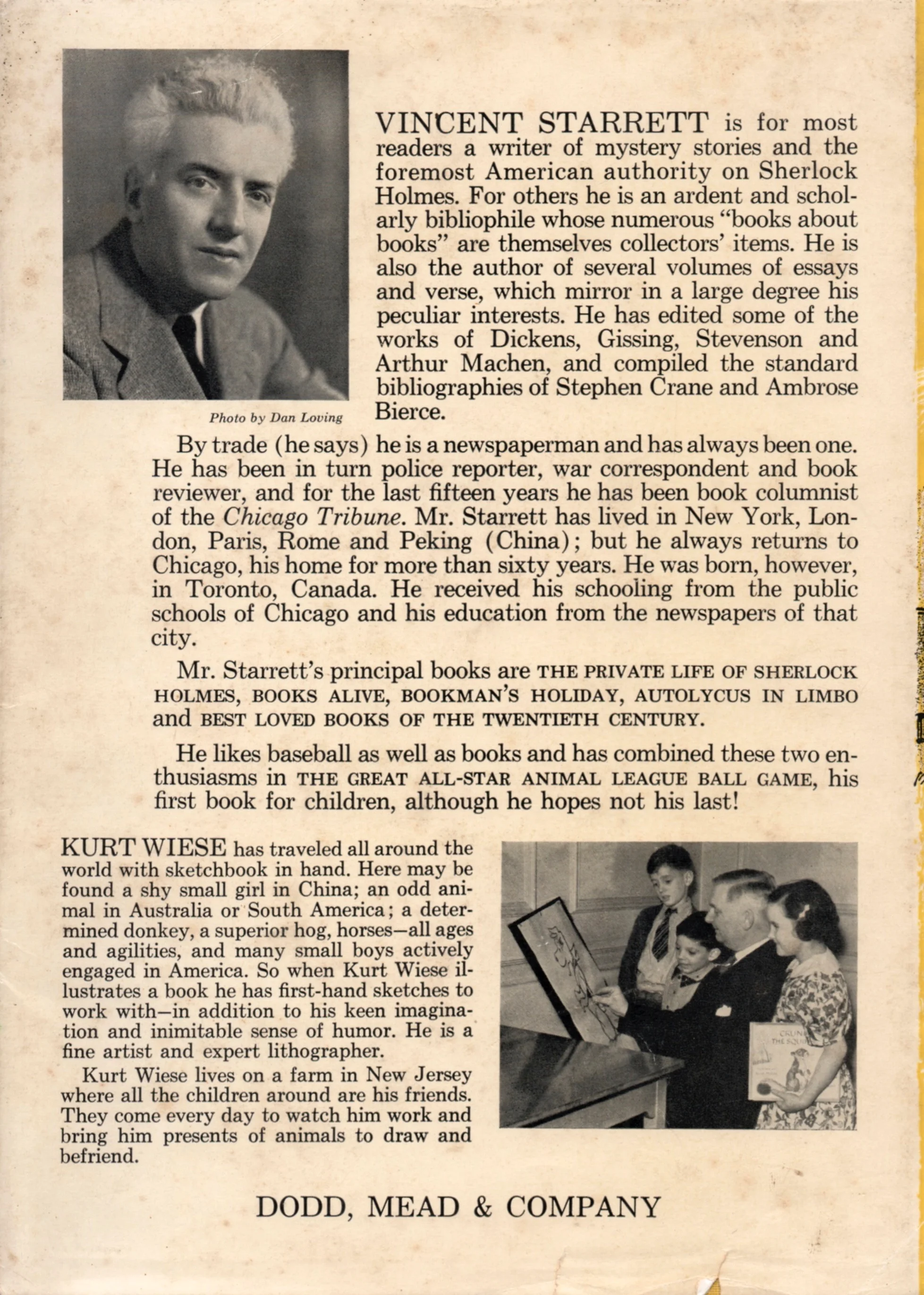 The rear dustjacket for Starrett's only children’s book, The Great All-Star Animal League Ball Game .