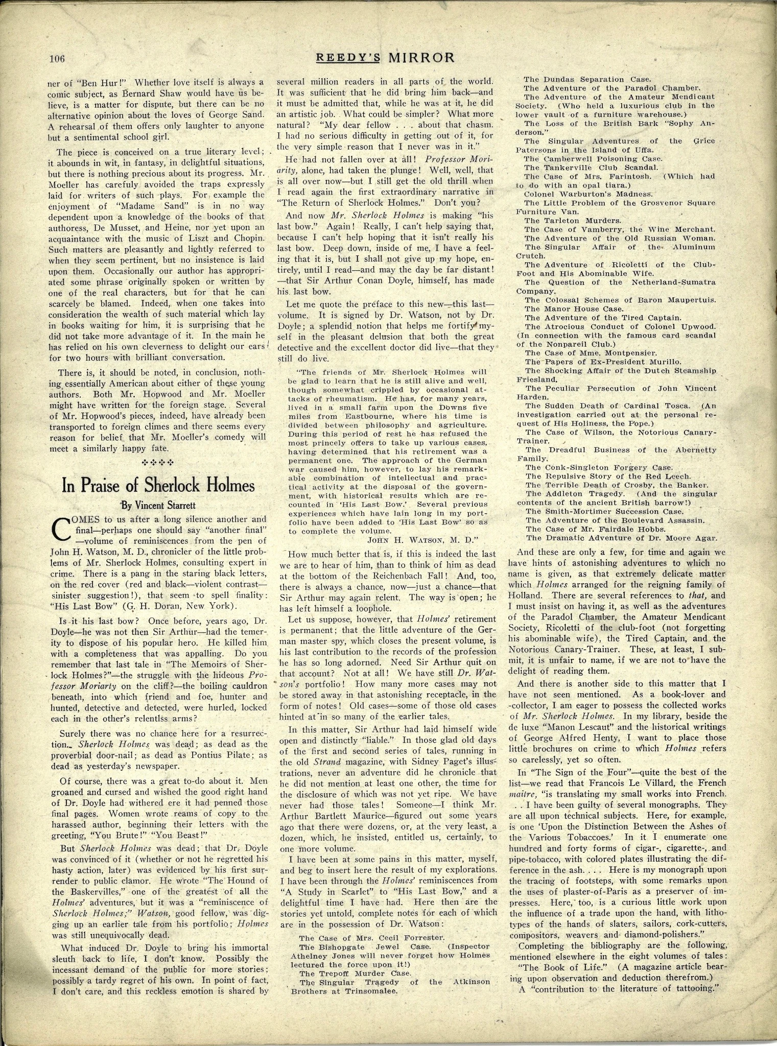The first of two pages with Starrett's article on Holmes. It includes his list of all of the tales Watson alluded to, but had yet to write.