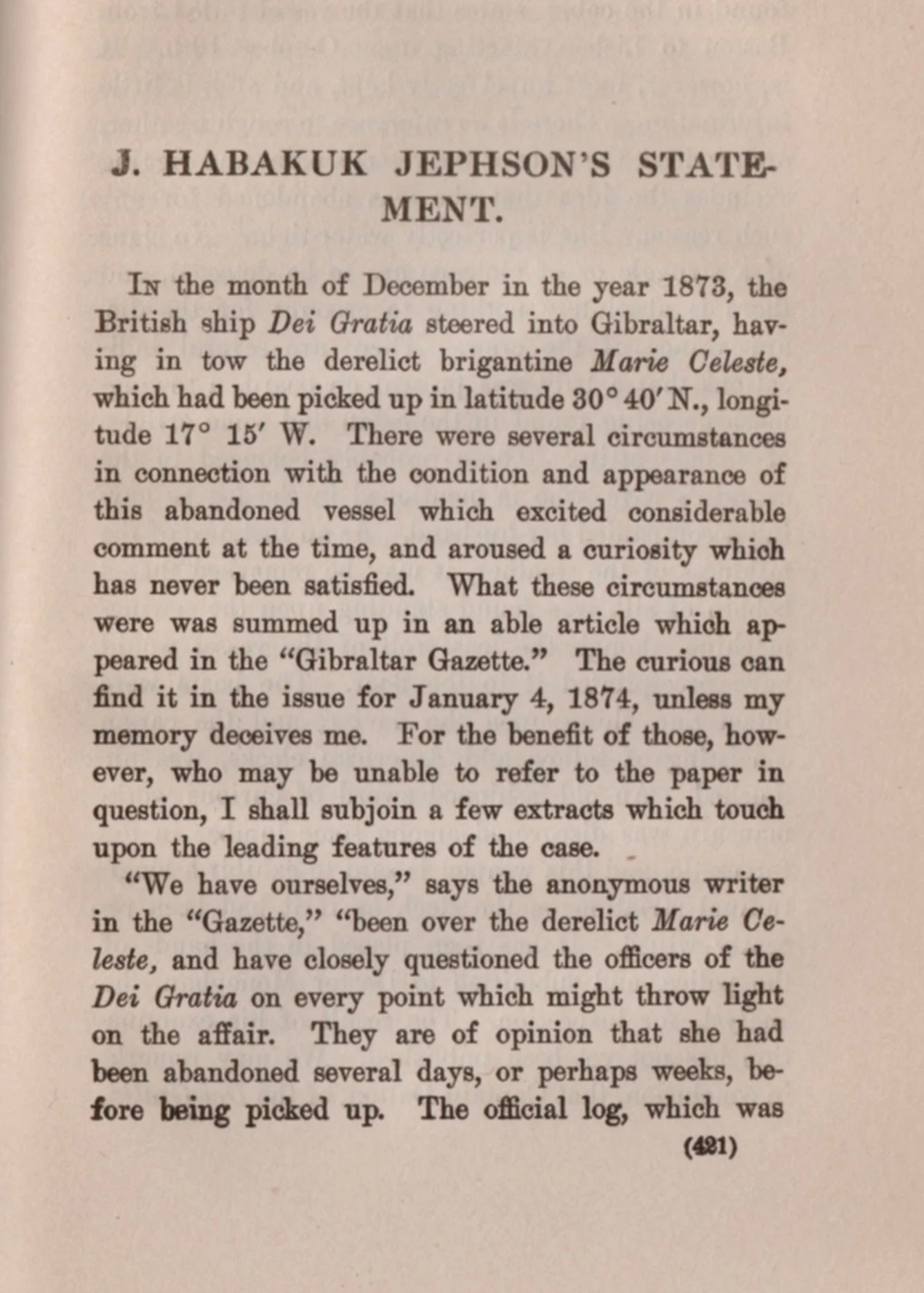 A later reprint of Conan Doyle's fictionalized account of the Mary Celeste mystery.