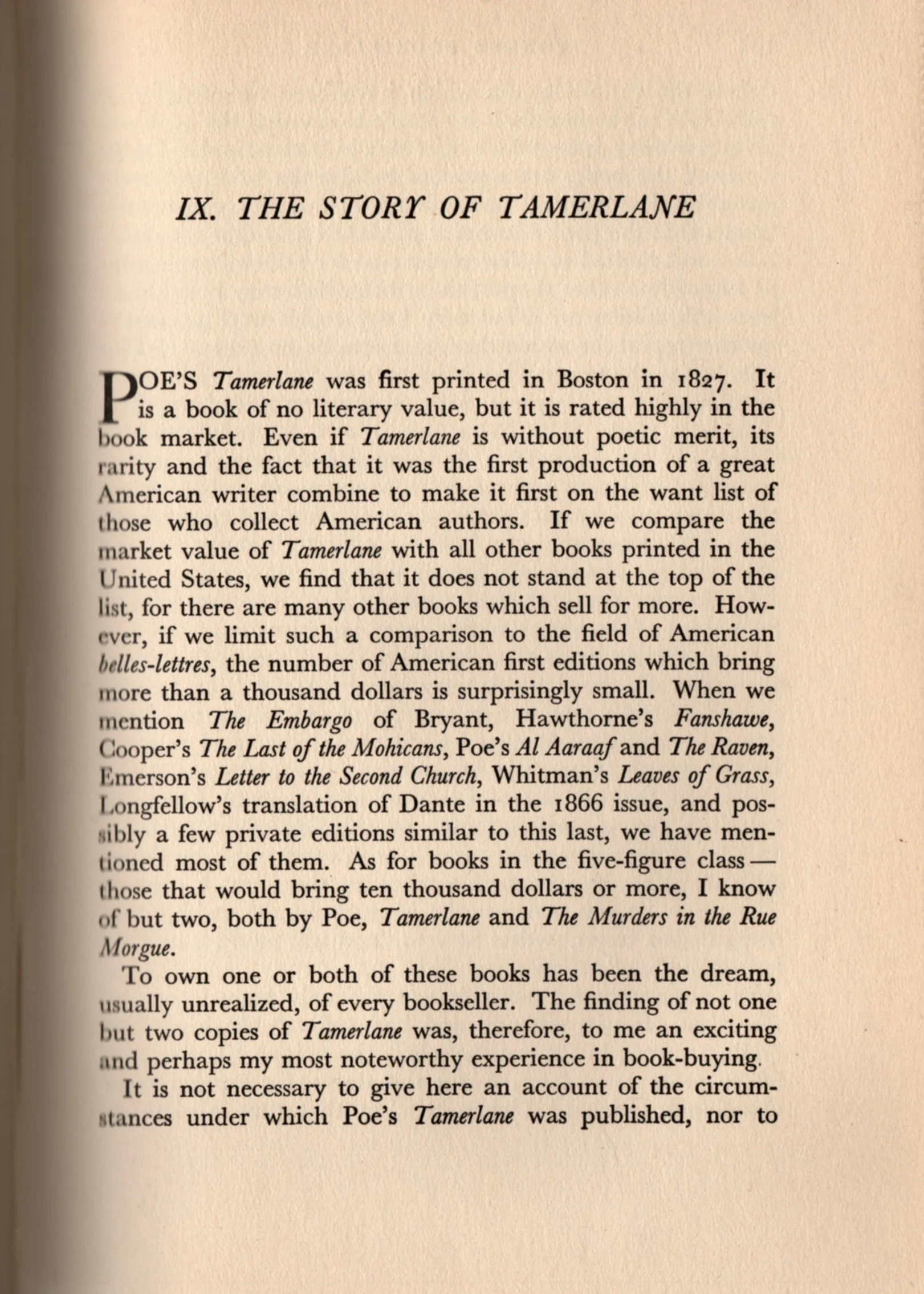 Goodspeed's chapter on finding a Tamerlane as a result of Starrett's article from his book, Yankee Bookseller.