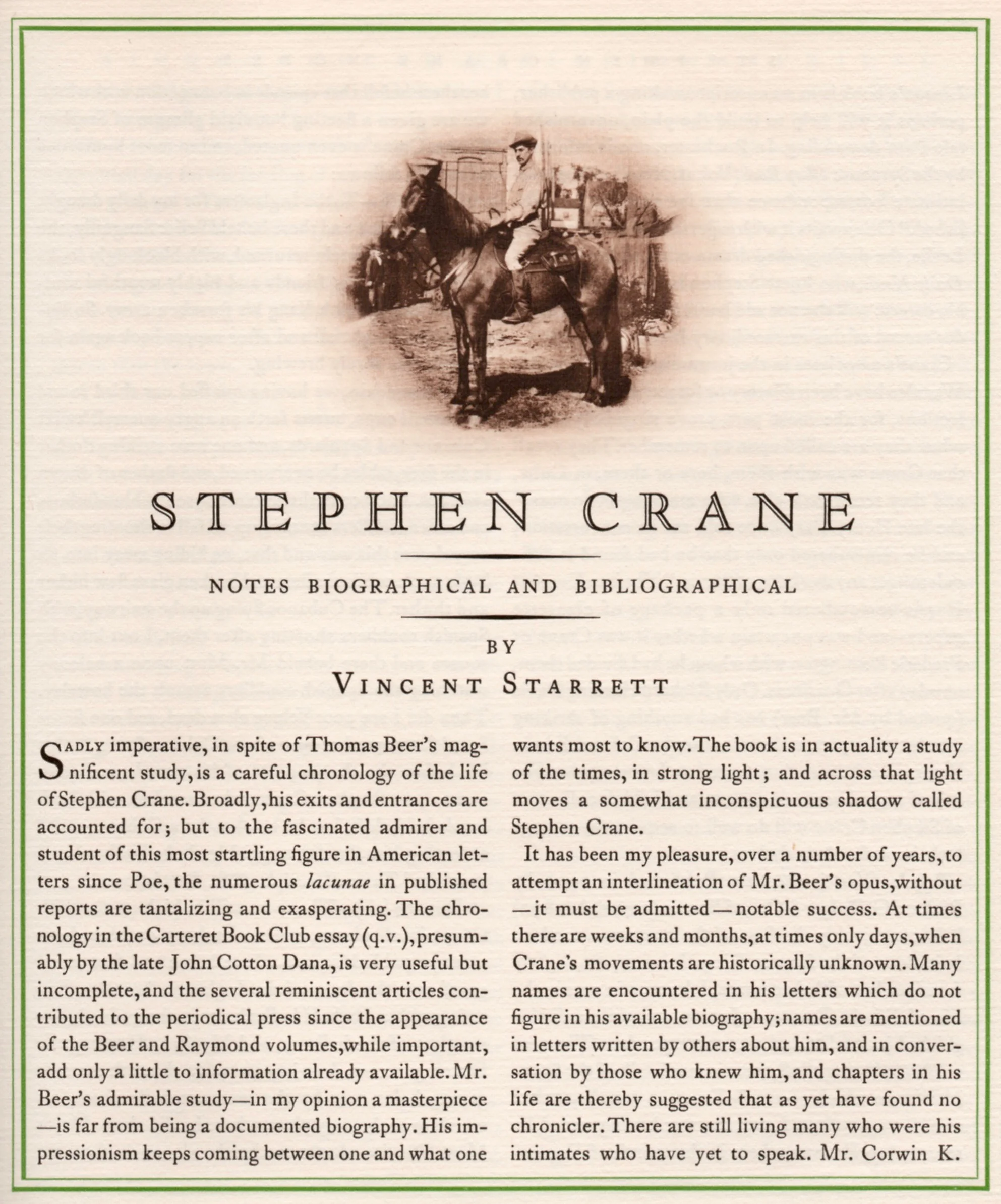 The first page of Starrett's lengthly article about Crane from The Colophon, A Book Collector's Quarterly, Part Seven, 1931.