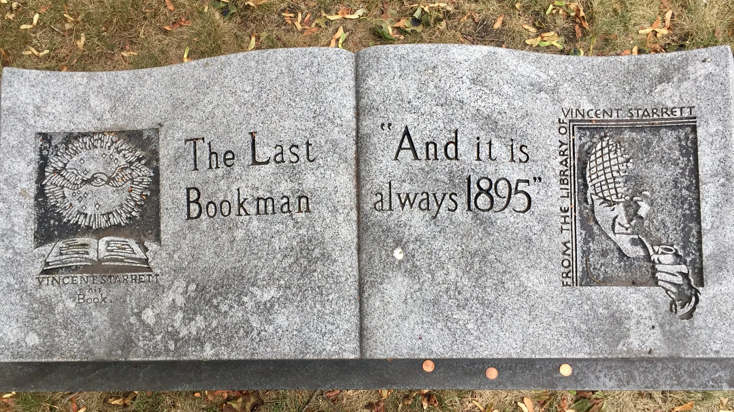 Vincent Starrett's headstone as it looks today in Graceland Cemetery, Chicago. I took this photo in October. Looking down from the top, the stone looks like a large book, with iconic images on both "pages." Time and weather are taking their toll on this final monument to Starrett and his wife. I did not leave the pennies.