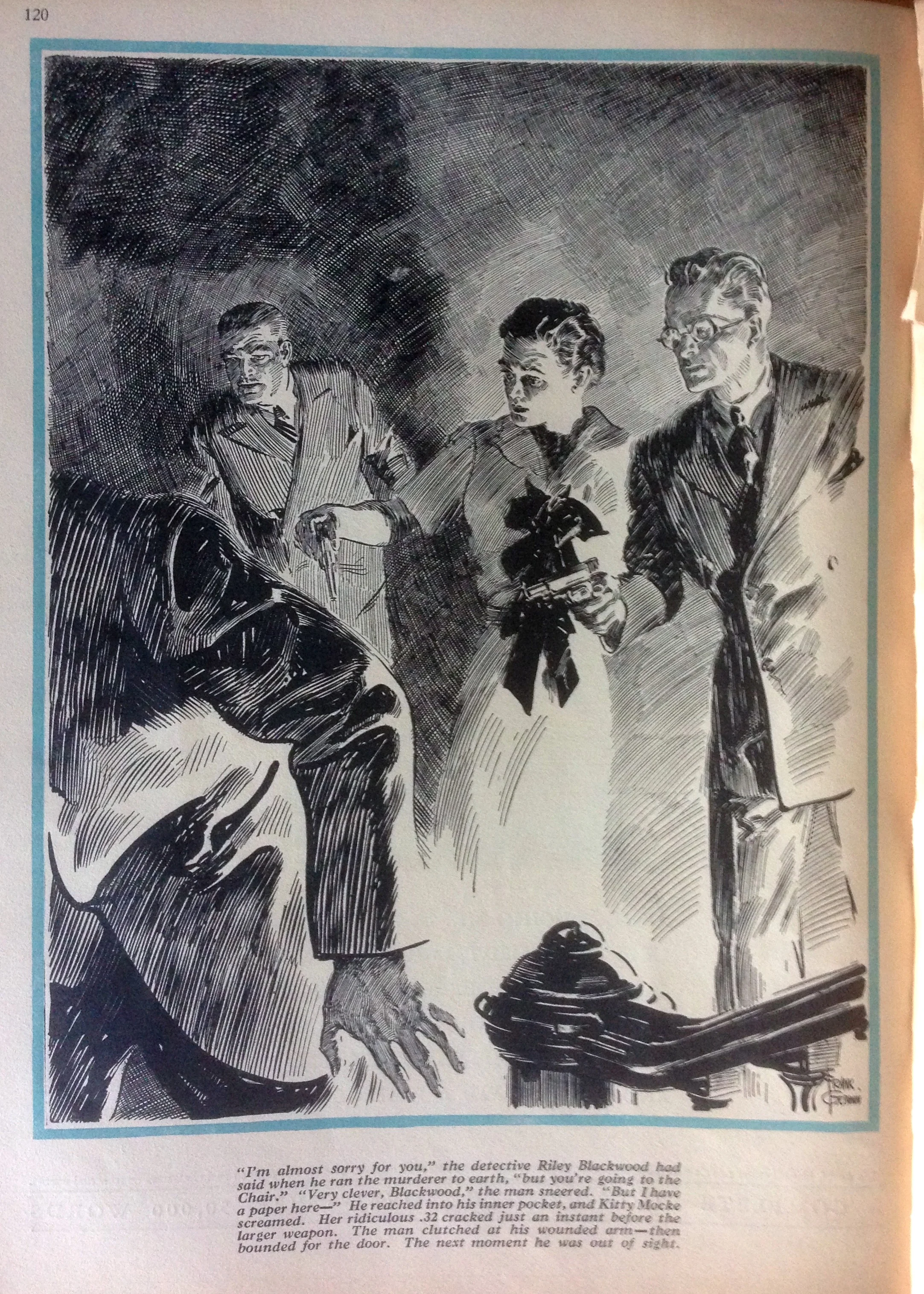 The murderer runs from Prentiss, Miss Oliver and Riley Blackwood.