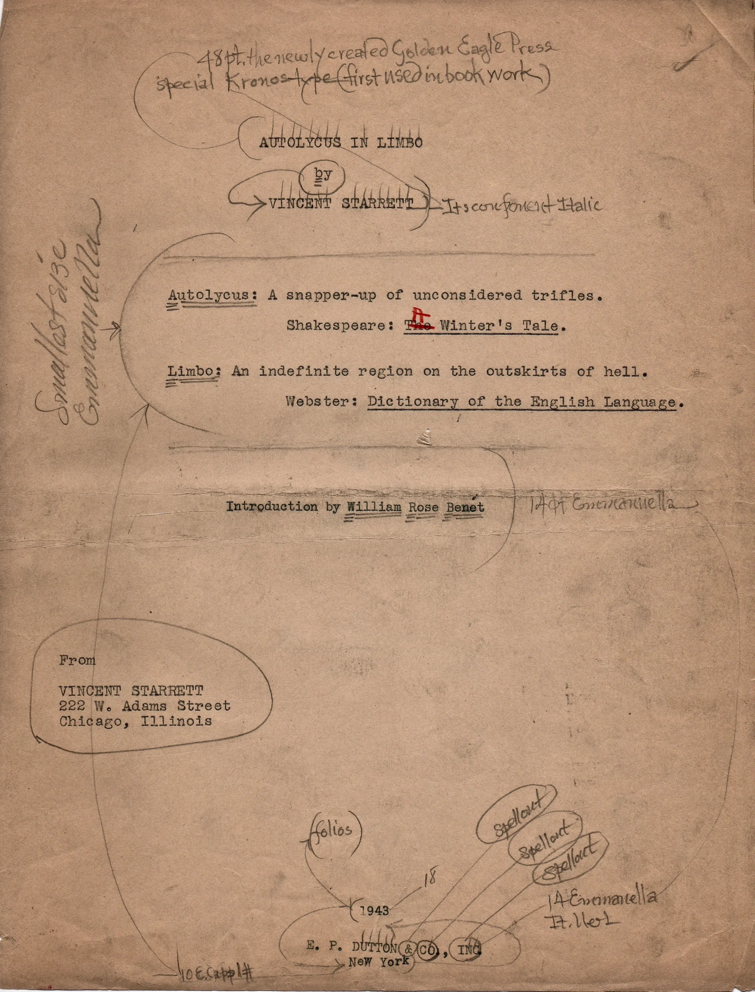 The manuscript page for the title page of Autolycus in Limbo, published in 1943 by E .P. Dutton & Co. The published title page is at the bottom of this post.