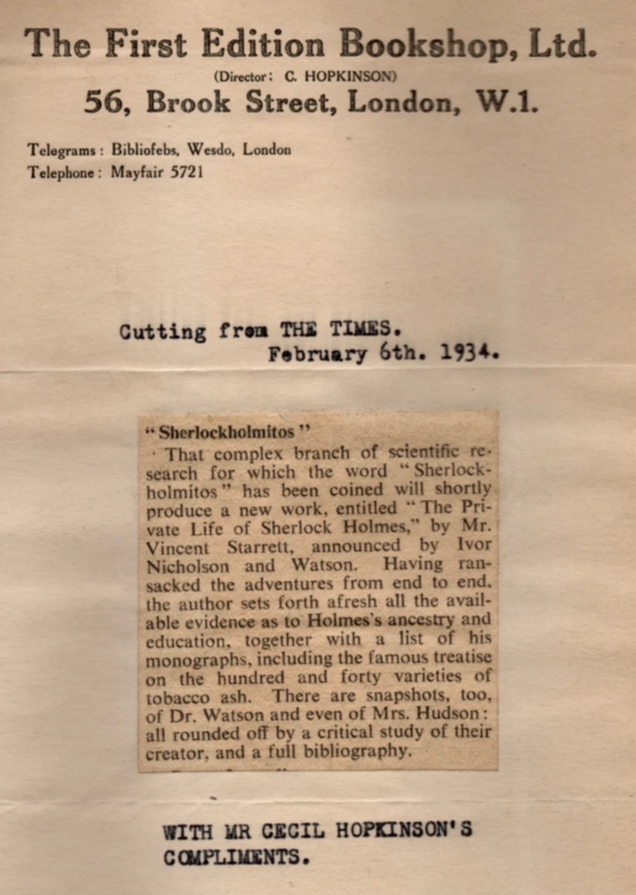 Starrett received a clipping of this brief news item from bookshop owner Cecil Hopkinson. I'm guessing Starrett purchased books from Mr. Hopkinson in the past.