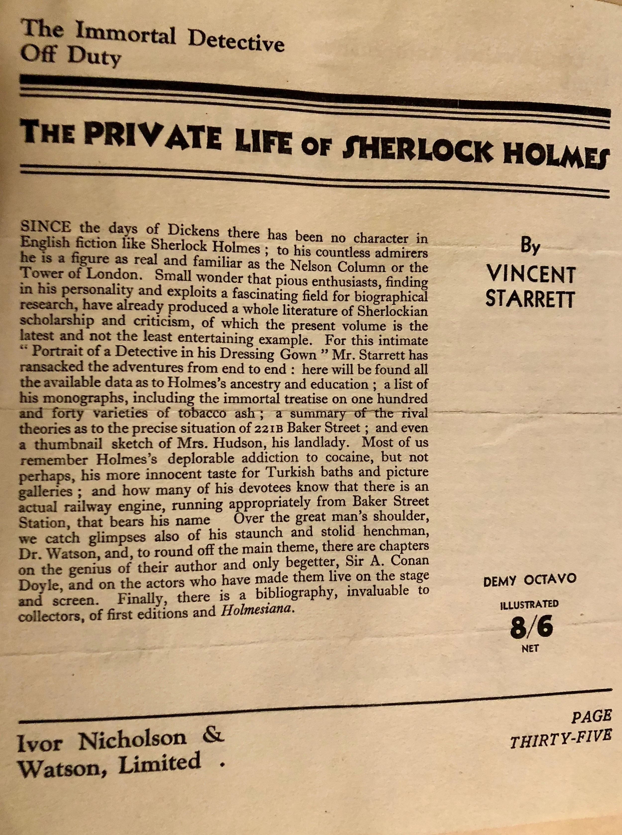 Ivor Nicholson & Watson's catalogue, with the page advertising the publication of The Private Life of Sherlock Holmes . From Starrett's scrapbook of newspaper and magazine clippings.
