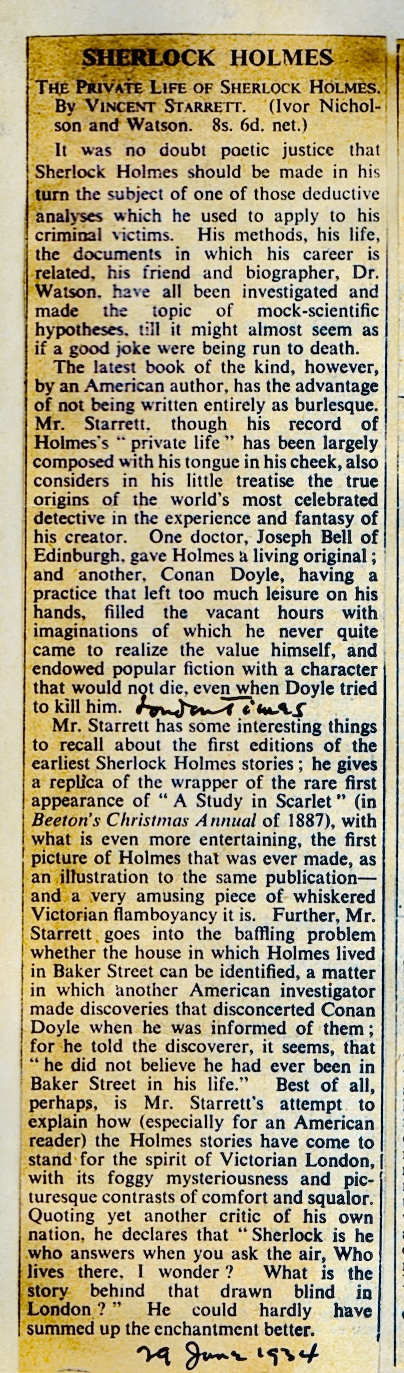 The full review from The Times of London, from Starrett's scrapbook.