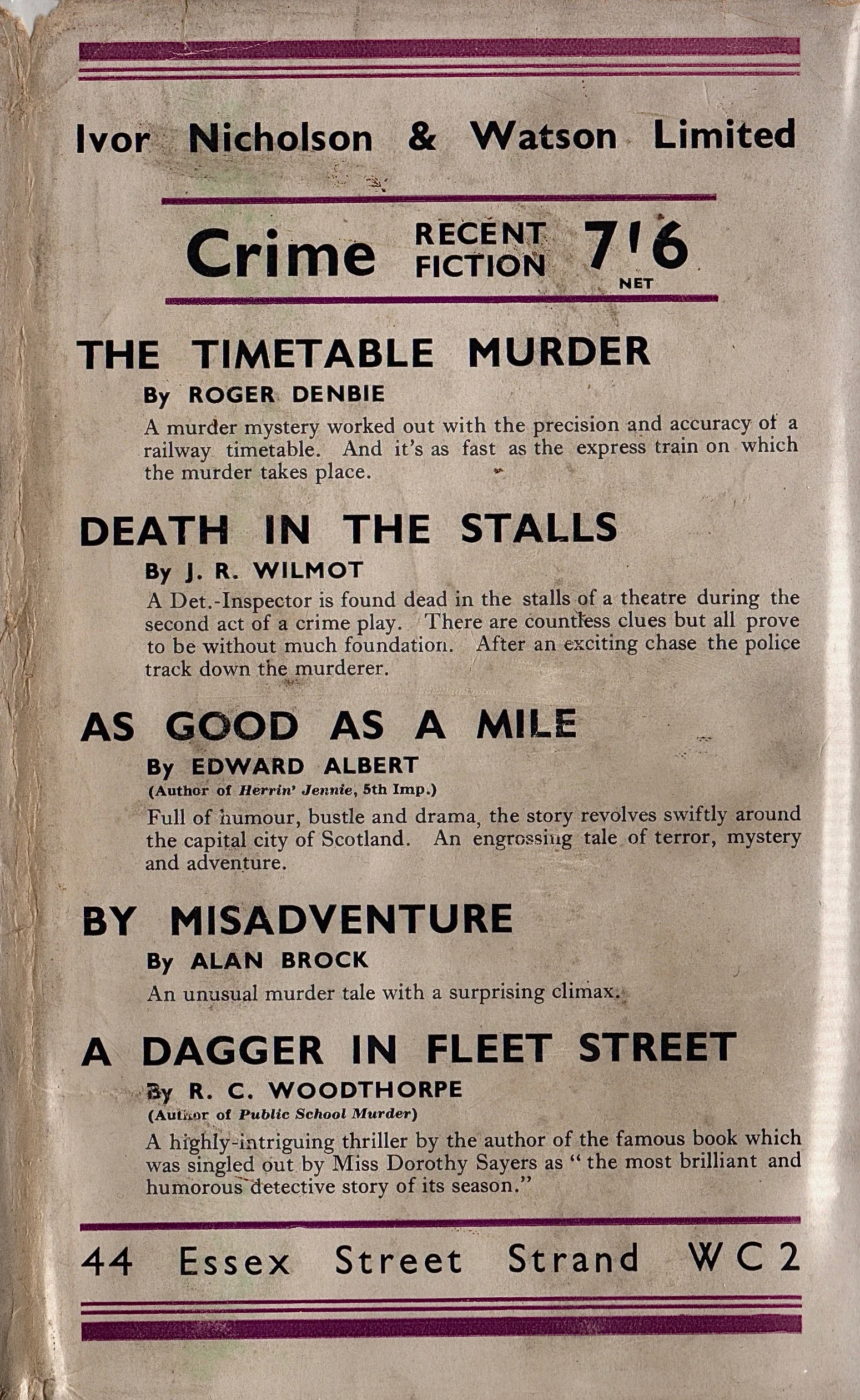 In the United States, Macmillan published Private Life as part of its biography line of books. Ivor Nicholson and Watson saw things differently, and classified Starrett’s book in with its crime fiction.