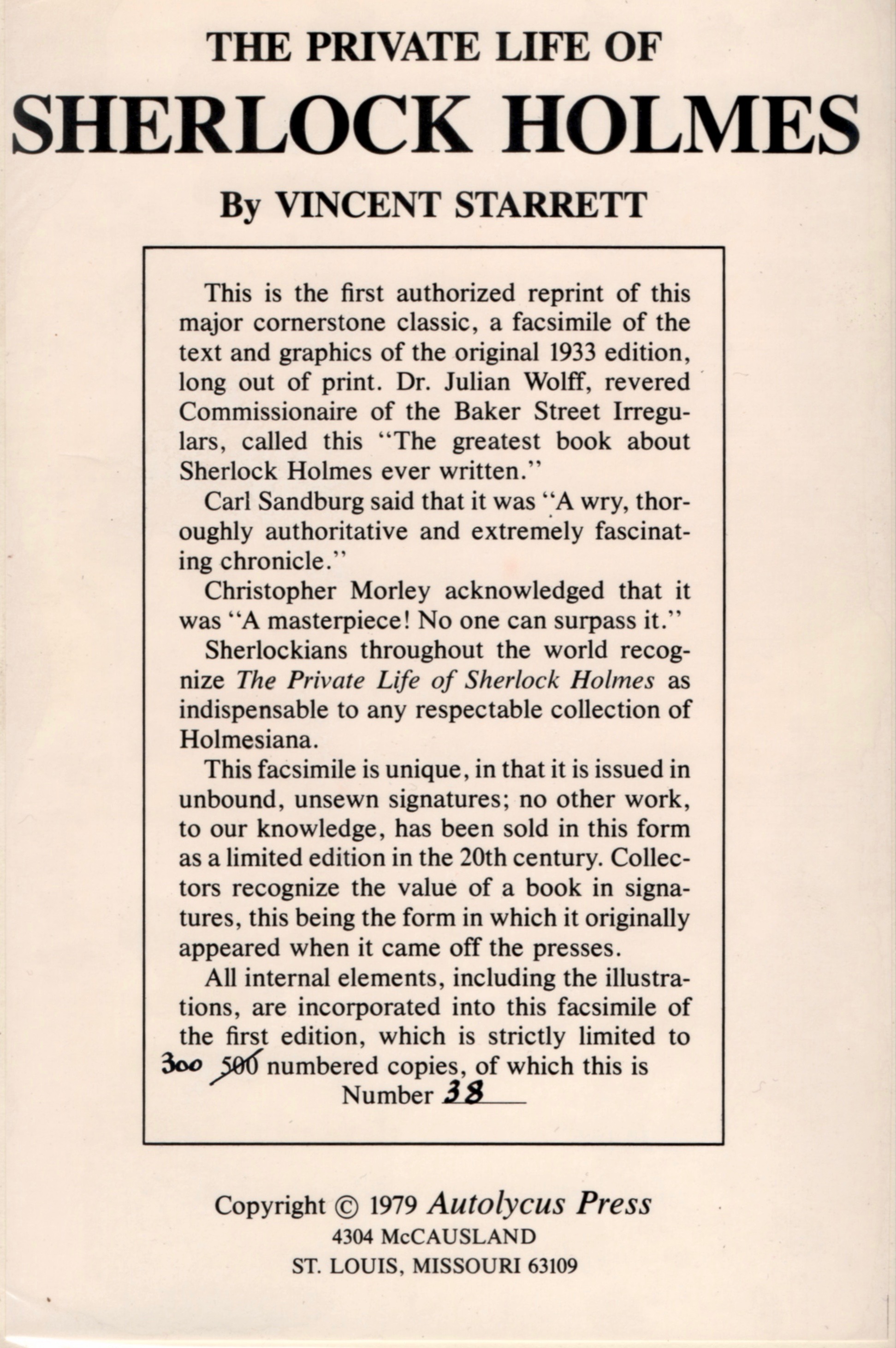 The cover sheet to the 1979 Private Life reproduction of the first edition.