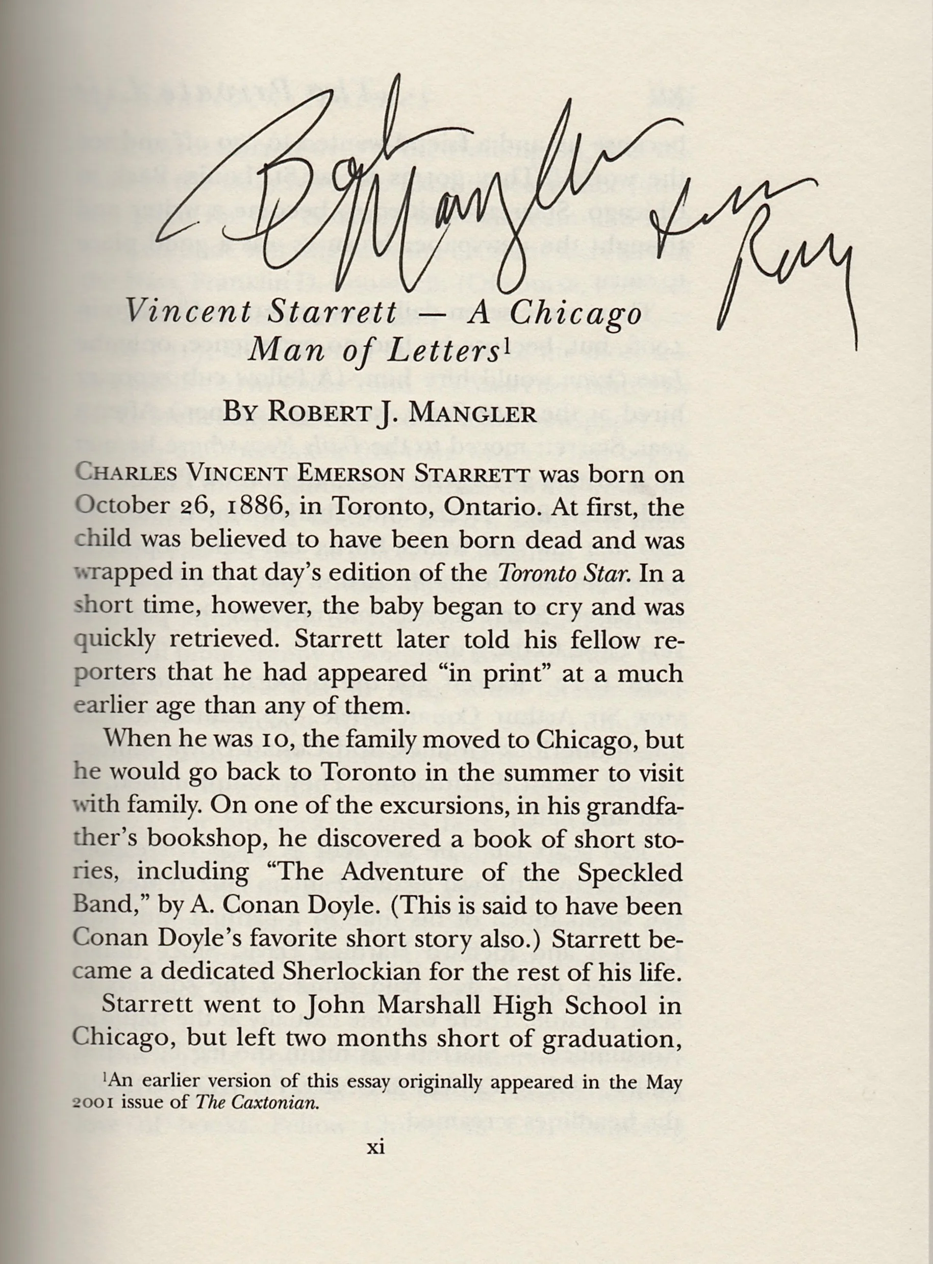 The late Robert Mangler, a friend of Starrett’s and long-time leader of The Hounds of the Baskerville (sic) signed Ray’s copy at at meeting of the Hounds.