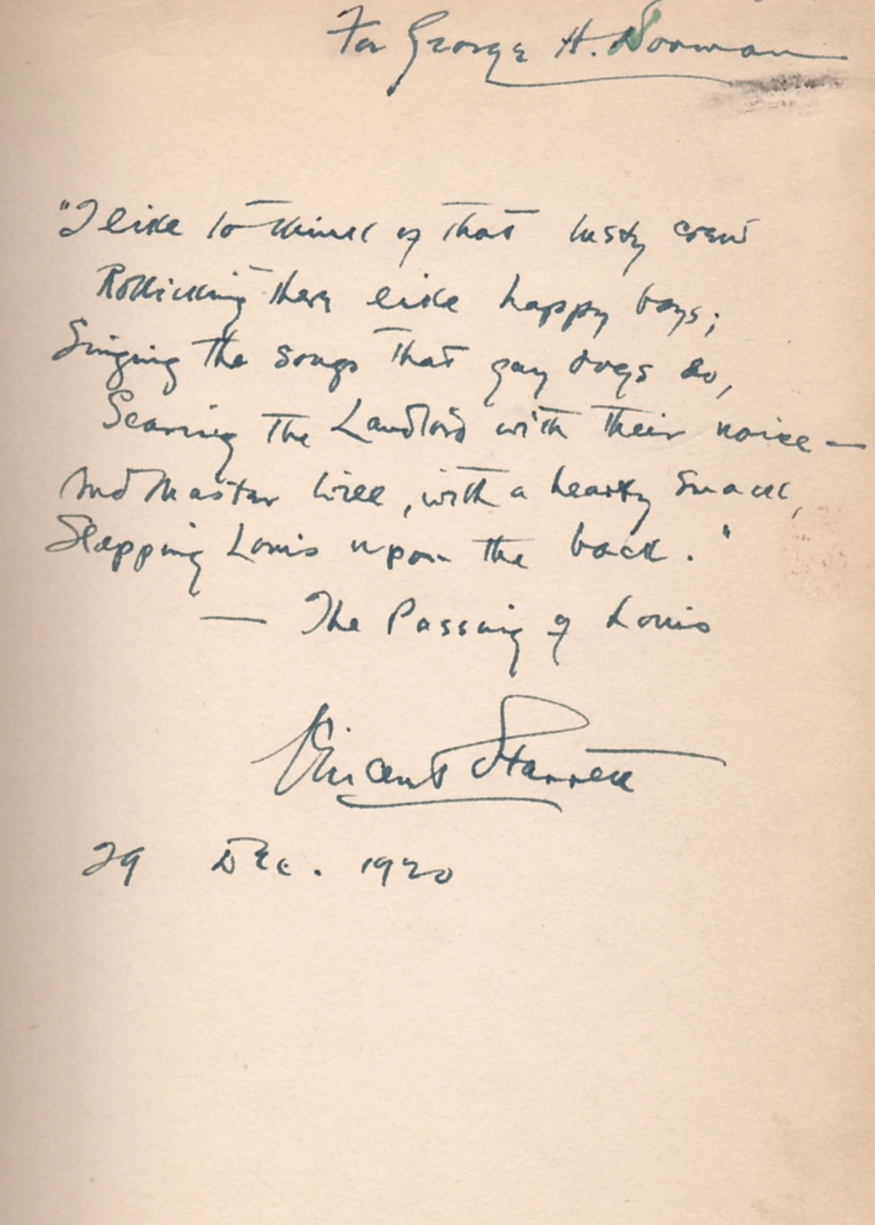Starrett inscribed this copy of In Praise of Stevenson with a verse from his poem to the author.