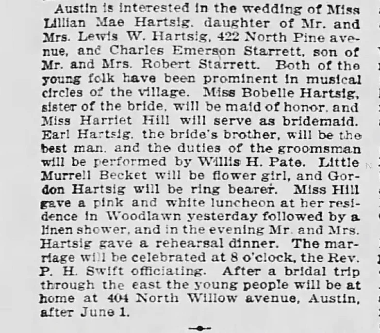 An extended wedding notice from the Tribune for April 21, 1909.