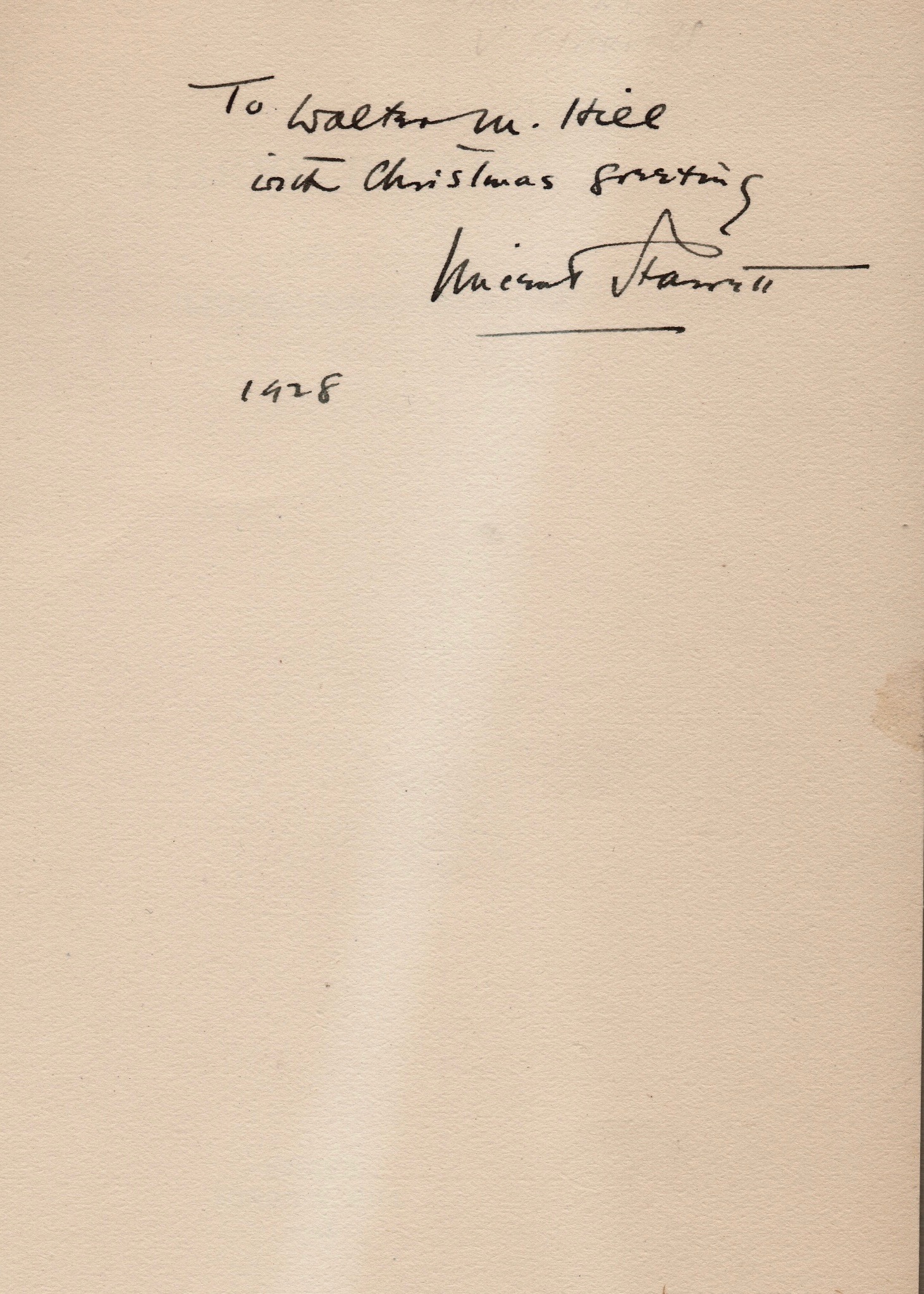 An intriguing provenance. Walter M. Hill was a Chicago book collector who would have holiday booklets published by The Torch Press in Chicago. Here Starrett inscribes a booklet published by E.B. Hill of Texas to bookman Walter M. Hill of Chicago. I don’t know if the two men were related.