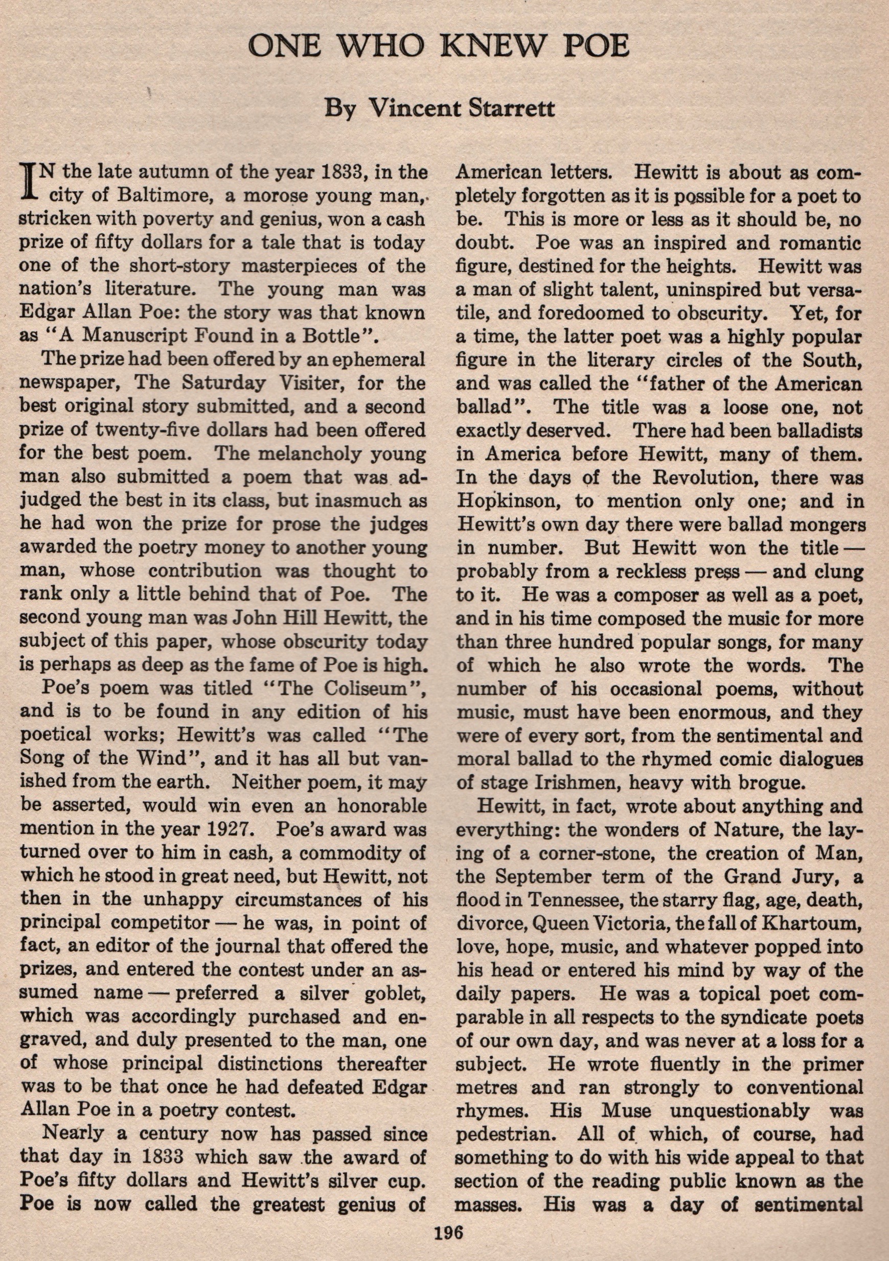 From the October 1927 issue of The Bookman , an account of the animosity between Poe and John Hill Hewitt.