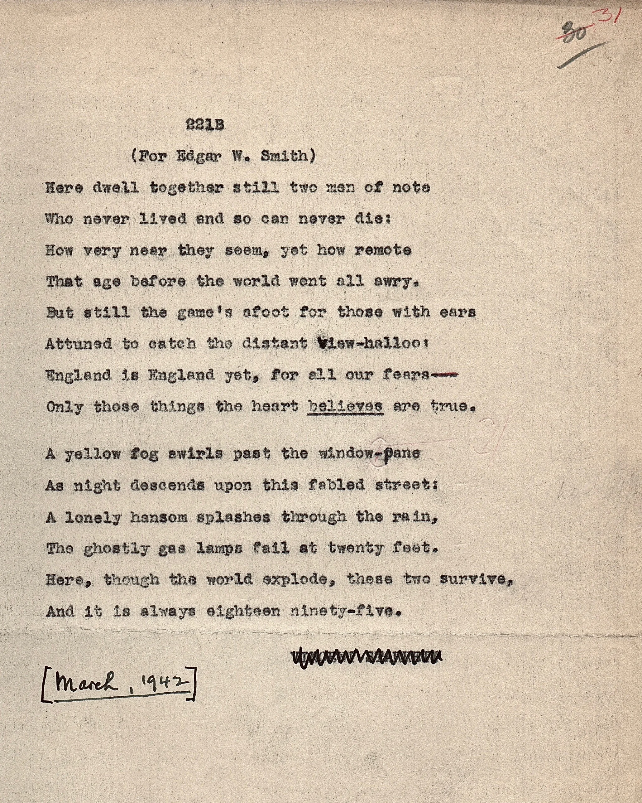 The poem as typed by Starrett and used in the manuscript for his 1943 book of poetry, Autolycus In Limbo . More about that book later. From the author’s collection.