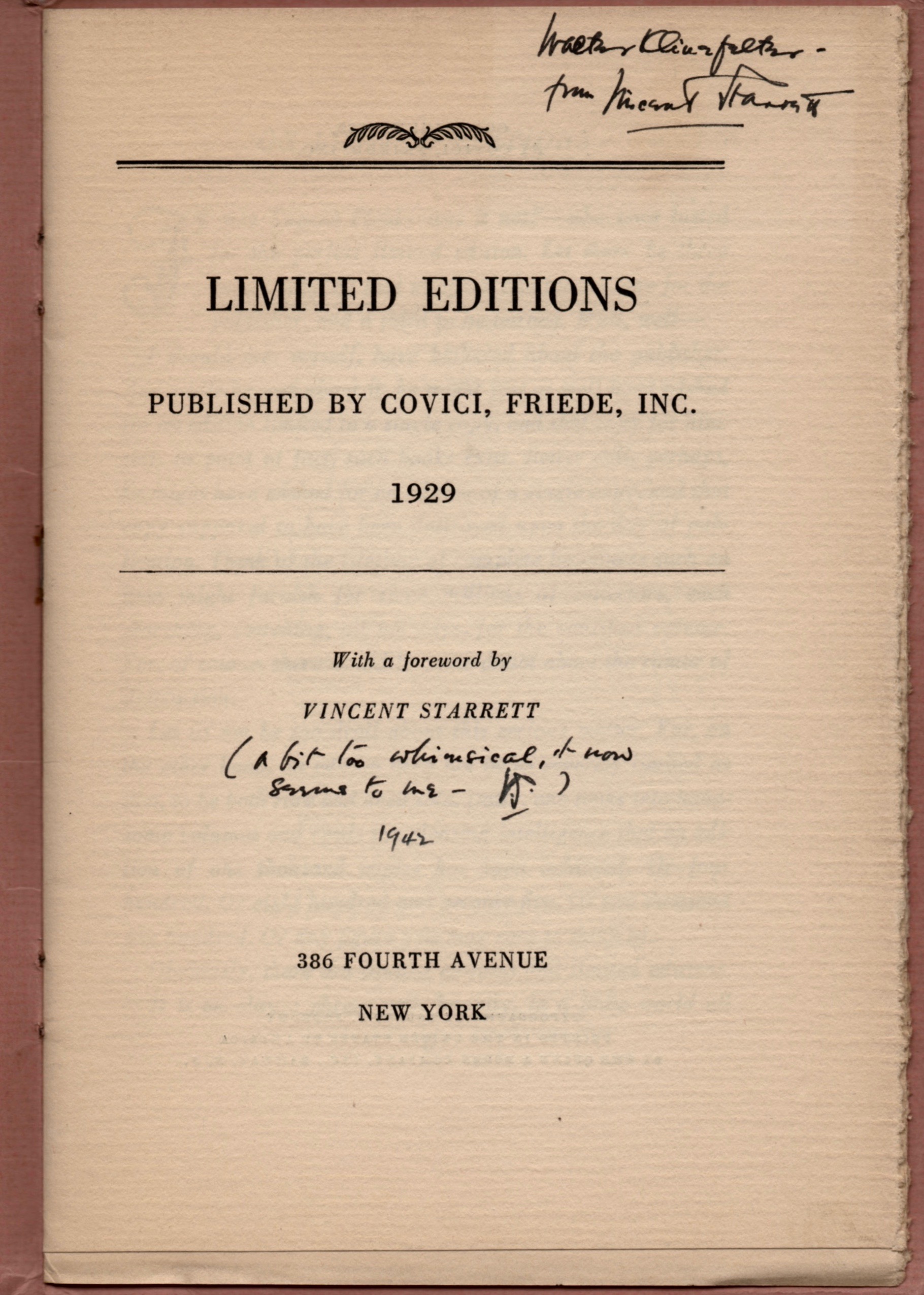 Starrett has inscribed this to Walter Klinefelter and then added “A bit too whimsical, it now seems to me — VS/1942”
