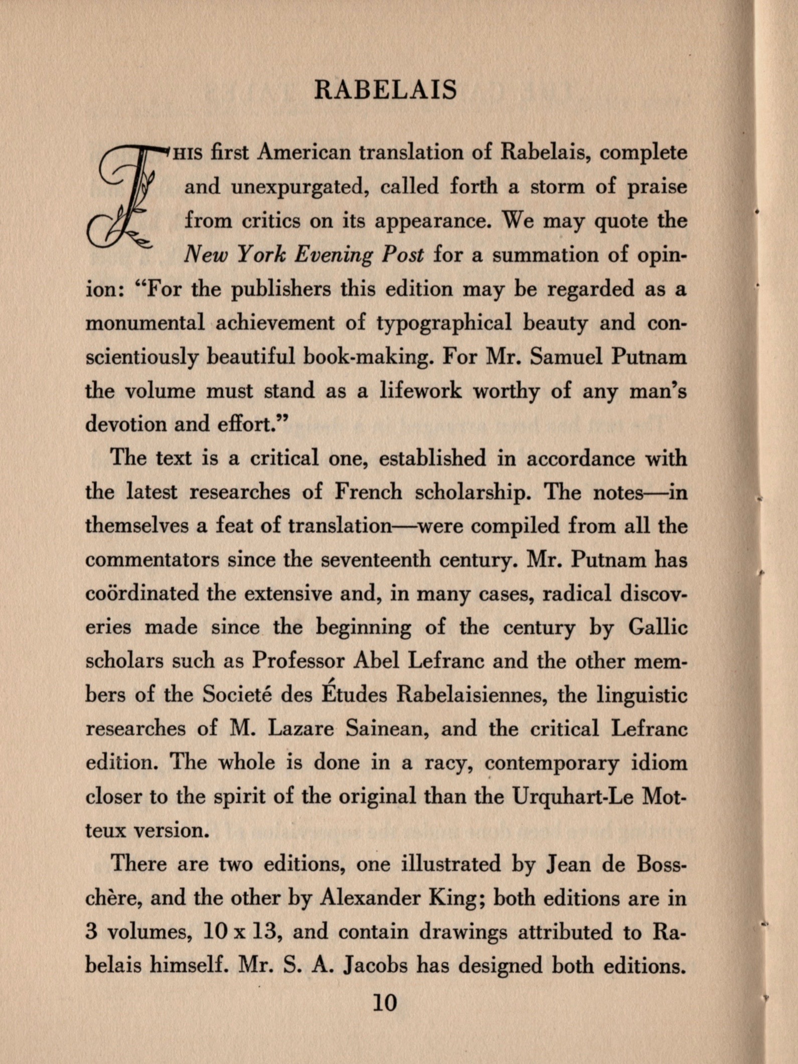 Here is a sample page promoting the publication of a three-volume translated set of Francios Rabelais’ works.