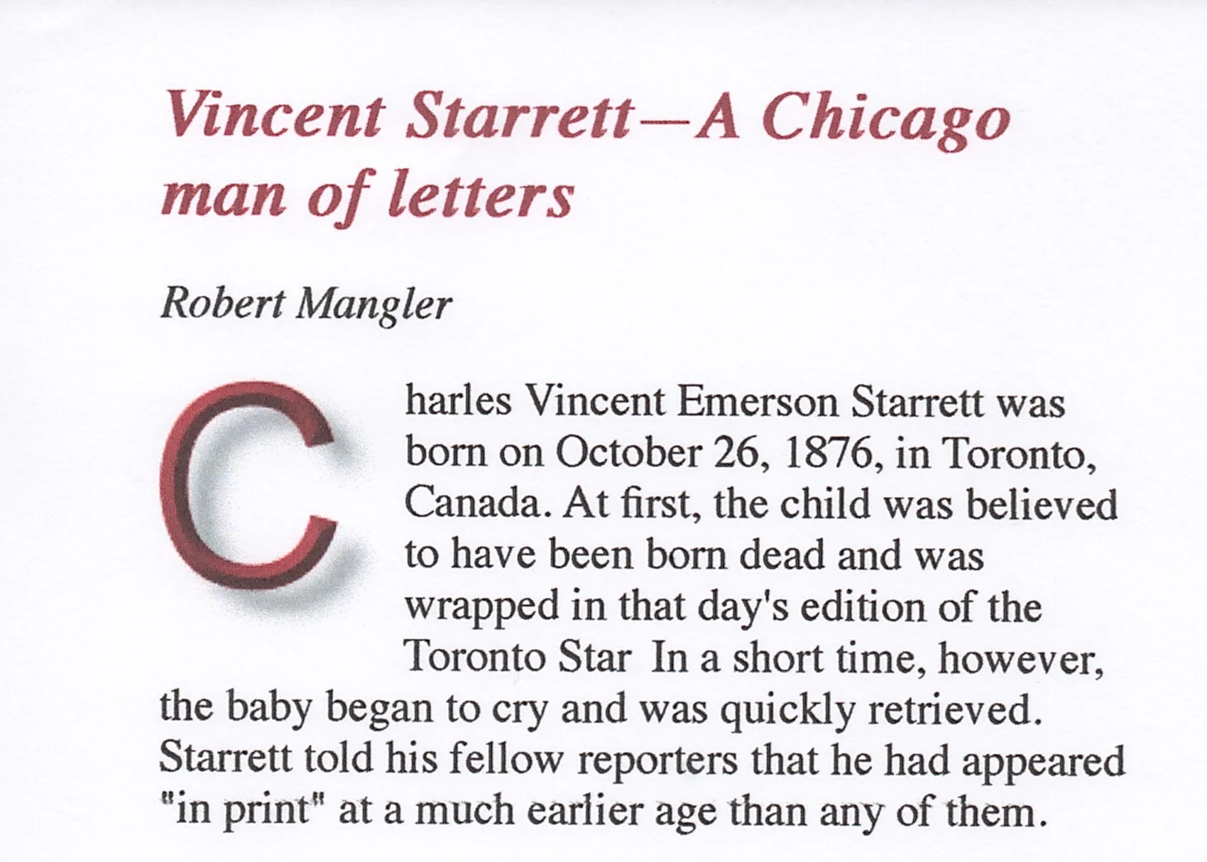 The beginning of Bob Mangler’s tribute to Vincent Starrett.