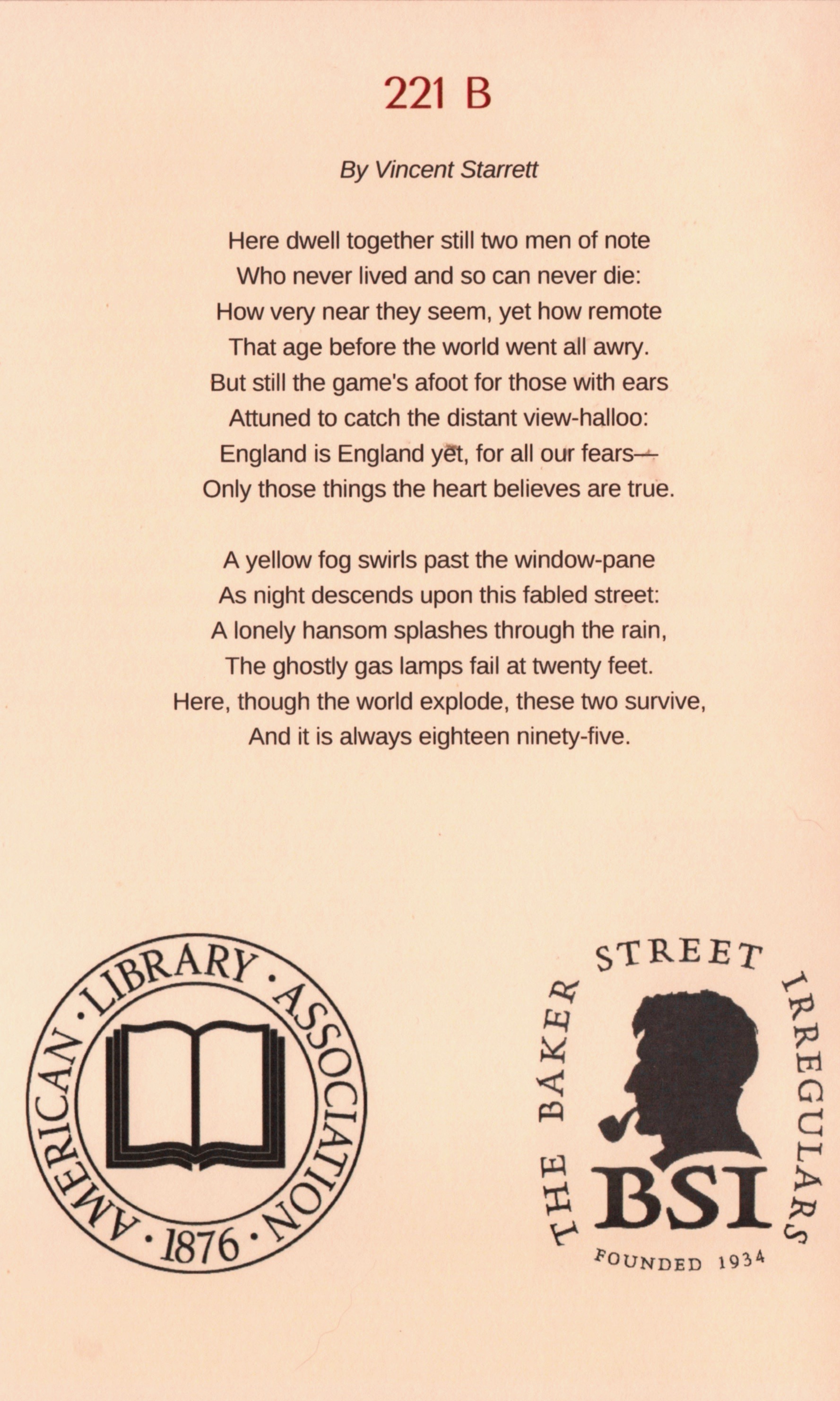 A page from the 50th anniversary program of The Sub-Librarians Scion of the Baker Street Irregulars in the American Library Association, held in Chicago in 2017.