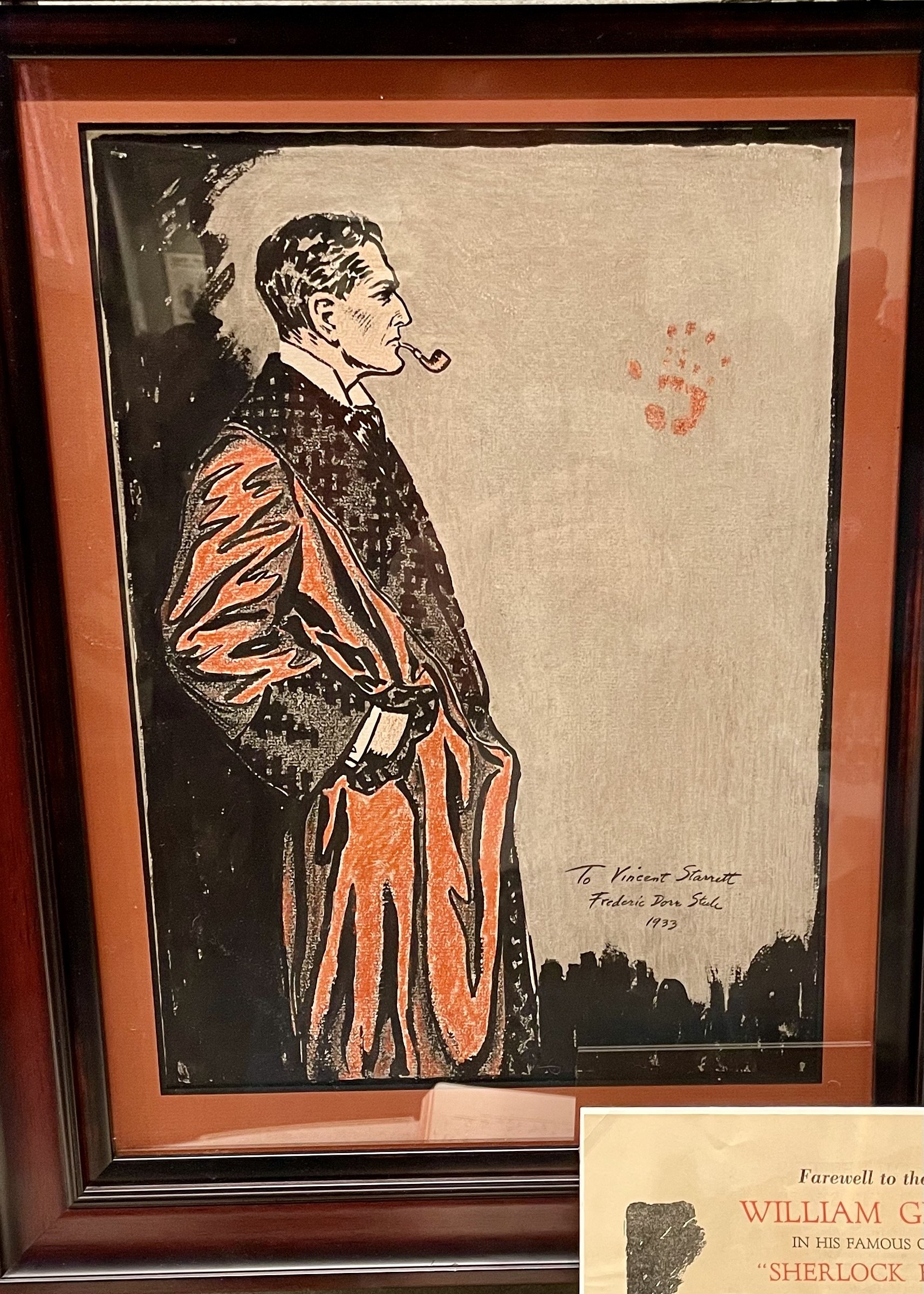  This image was drawn by Frederic Dorr Steele and is inscribed to Vincent Starrett, signed by Steele and dated 1933—the same year as The Private Life of Sherlock Holmes was published.  