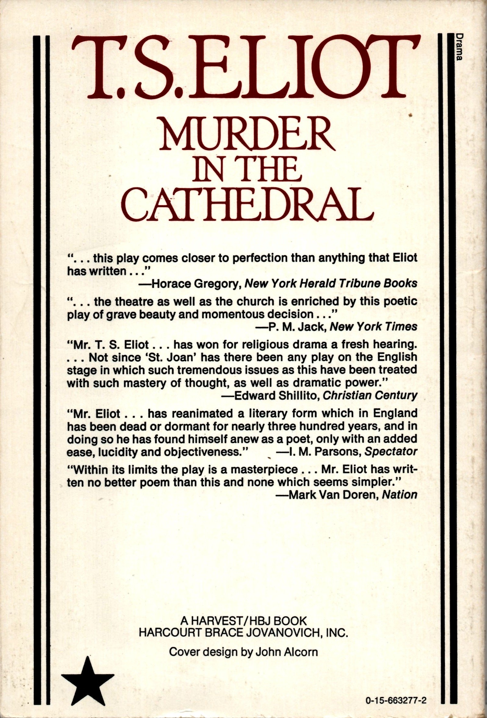  The backcover for the 1963 paperback Harvest/HBJ edition of  Murder in the Cathedral . 
