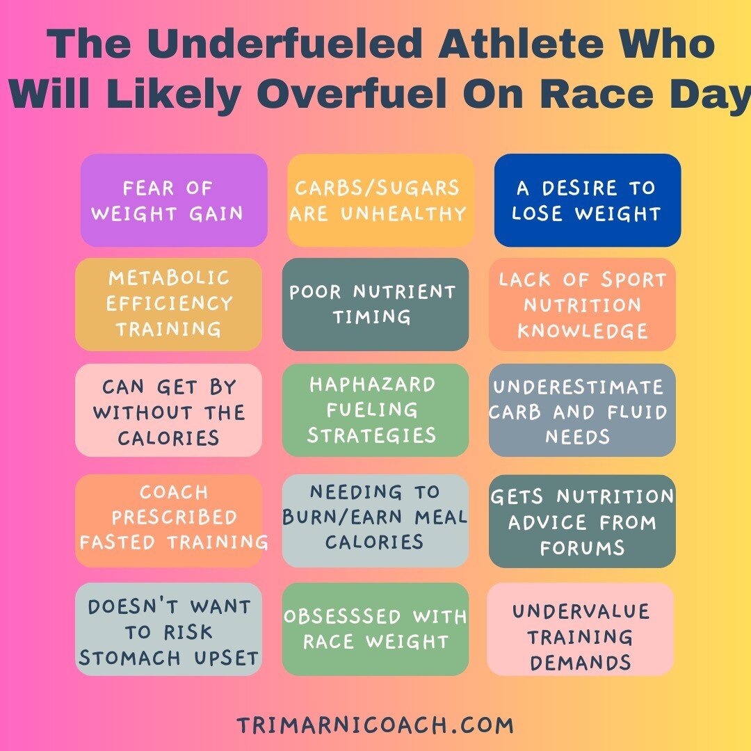 Overfueling on race day is often out of fear of not having enough energy (or worrying about running out of energy) for the race distance or effort. 

The unfortunate truth is that most endurance athletes underfuel in training and overfuel on race day