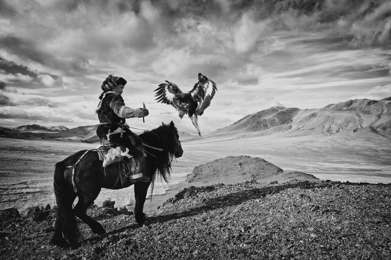 A person in traditional attire riding a horse in a mountainous landscape, releasing an eagle into the sky. Film Mongolia. Filming in Mongolia. Producer in Mongolia. Film Production Service in Mongolia. Fixer Service Mongolia.