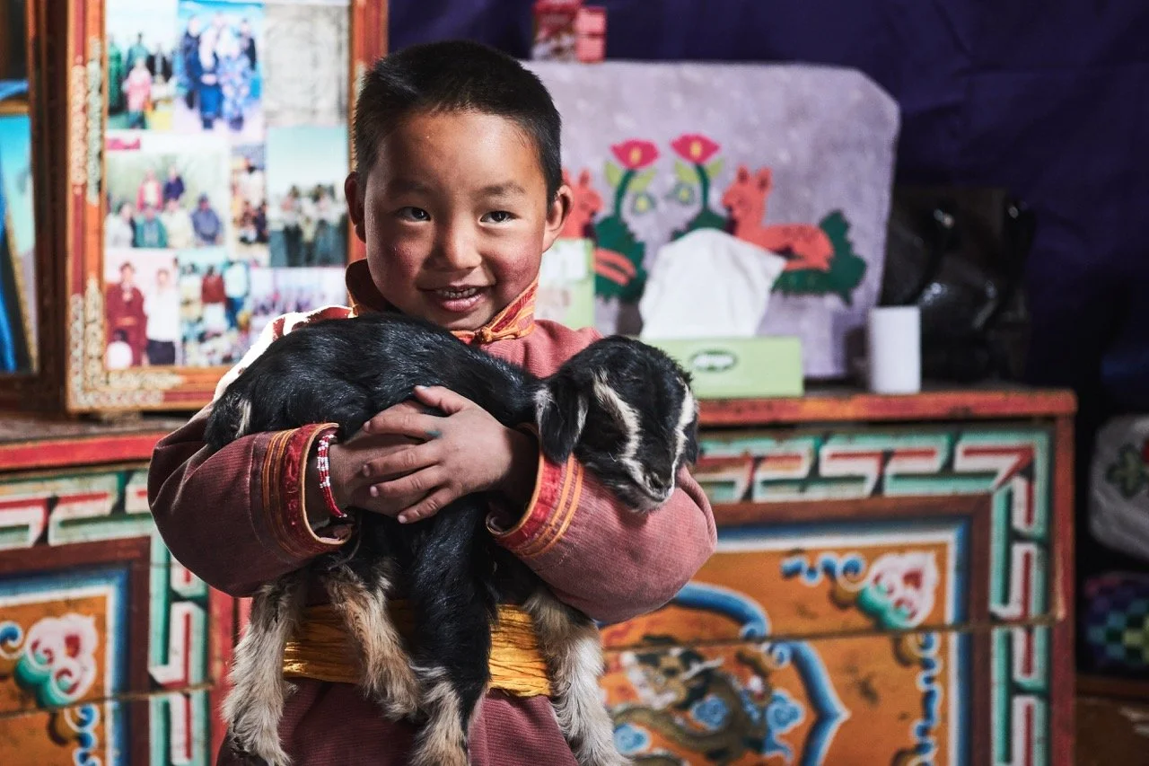 Boy in traditional attire holding a baby goat indoors with colorful furniture and decorations in the background. Film Mongolia. Filming in Mongolia. Producer in Mongolia. Film Production Service in Mongolia. Fixer Service Mongolia.