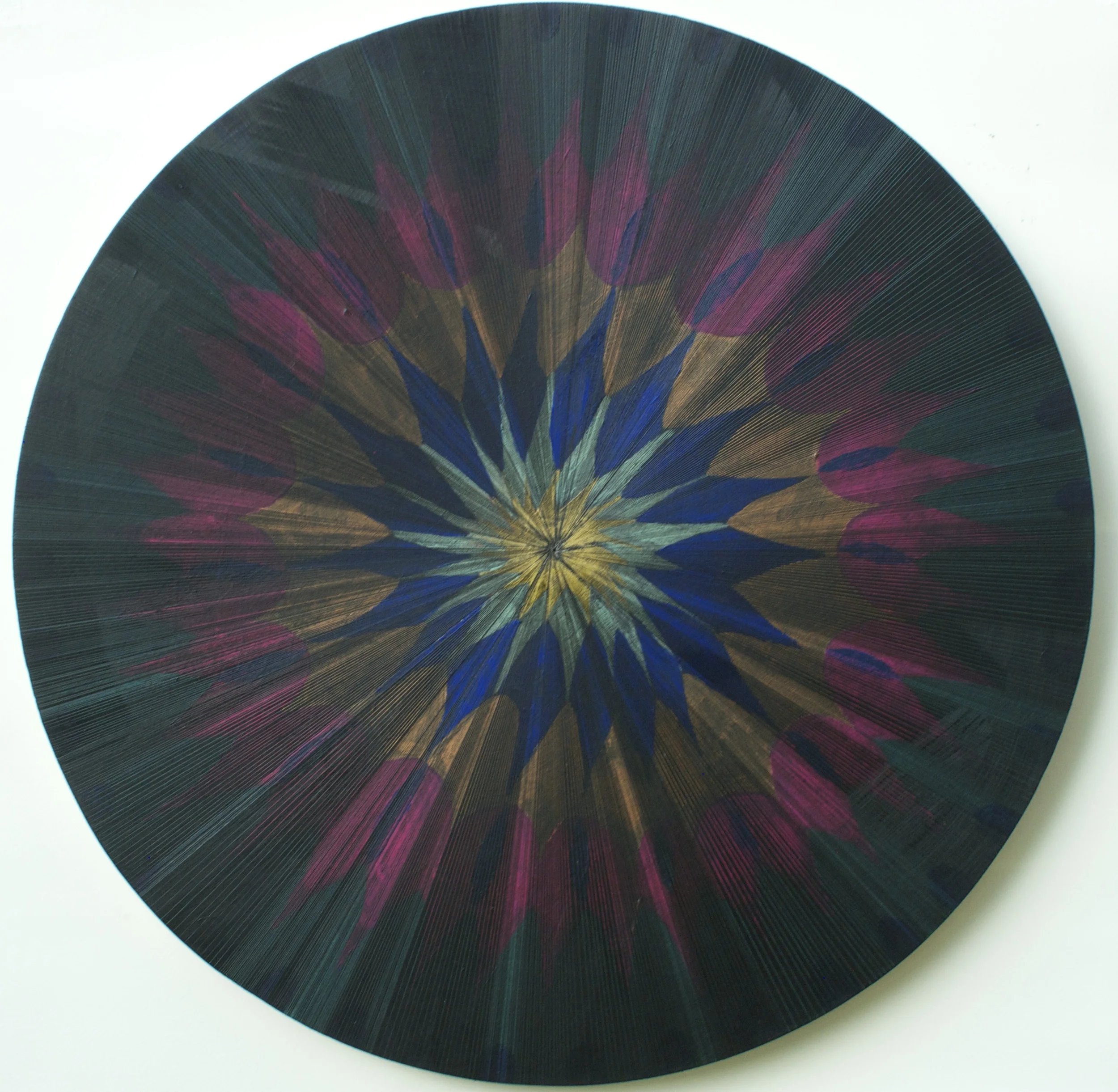 Tondo (Feathers, Dark) Acrylic and oil on wood, 17.75 inches in diameter, 2015