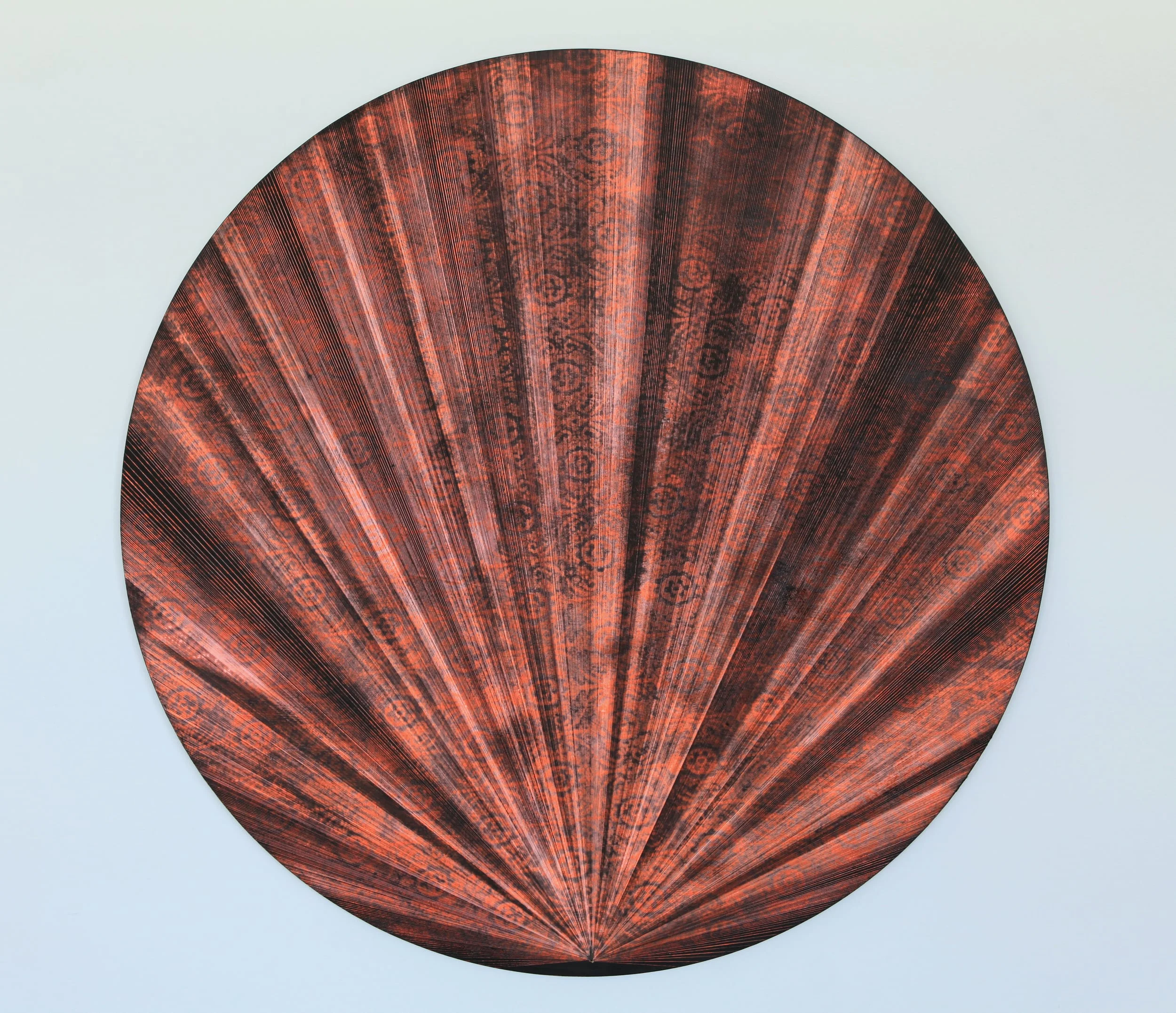  Hot Pink and Orange Curtains, acrylic, vinyl and oil on MDF, 42" diameter, 2015 