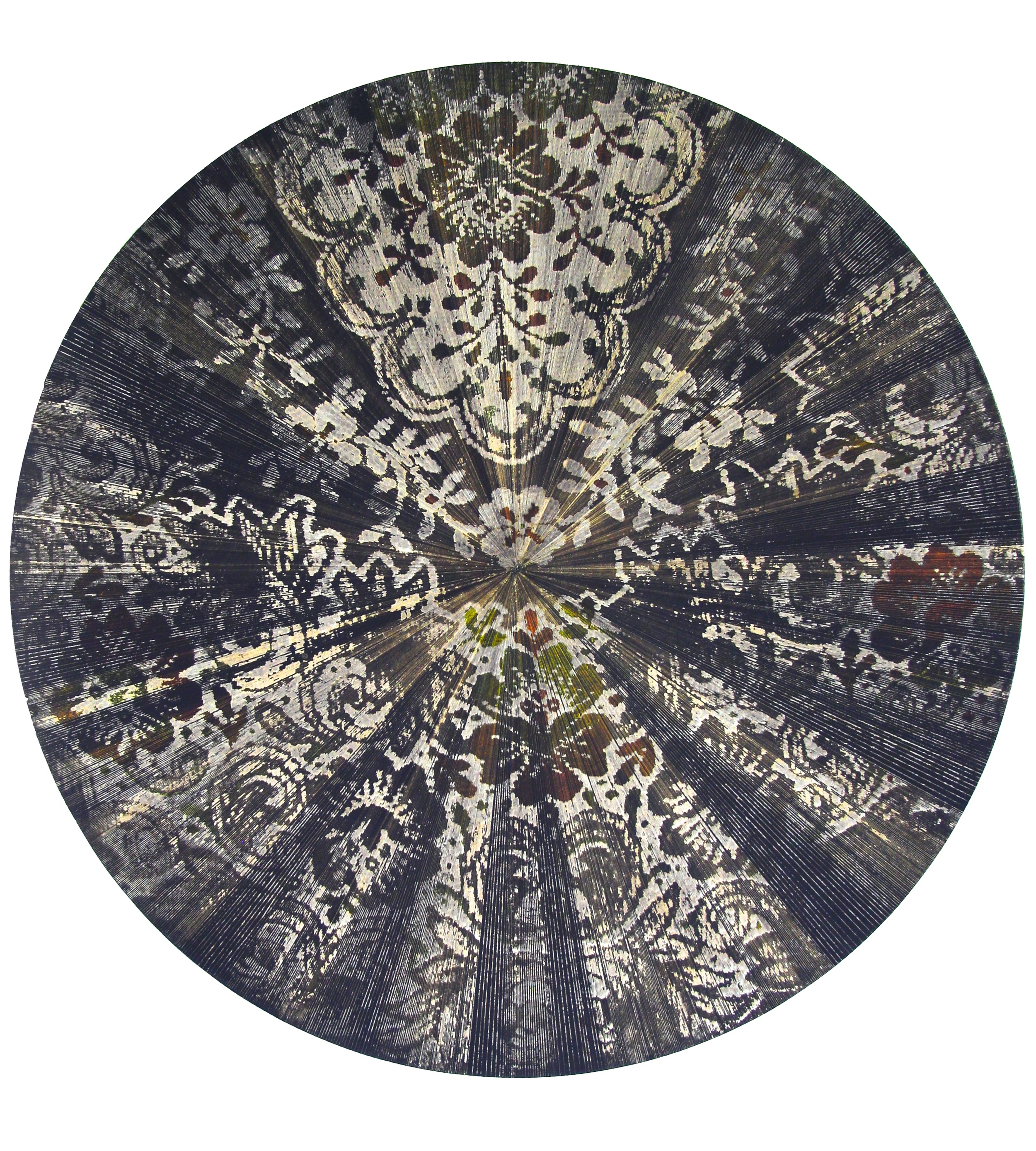 Calling the Corners, acrylic and oil on wood, 36 inches diameter, 2016