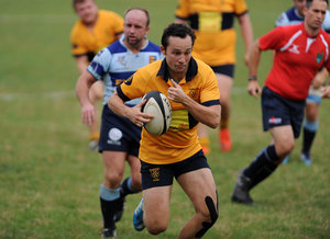 Bursting away. Seb Goodhuw scored Oaks last try. Photo Credit: David Purday